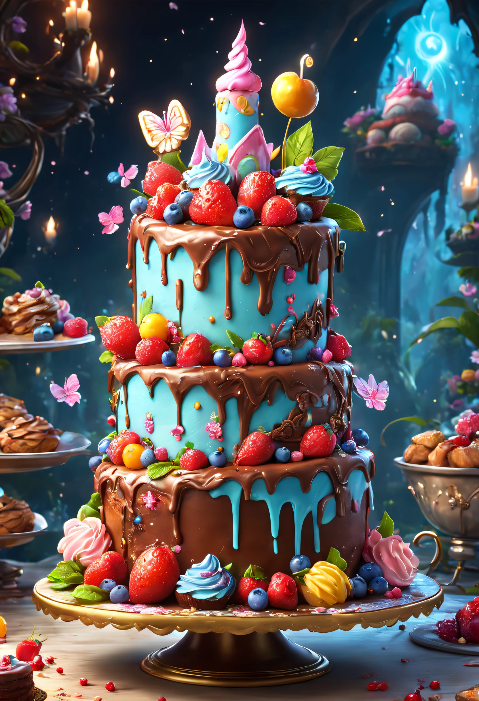 There was a big cake，There are a lot of different ingredients on it, fantasy bakery, Fantasy art Behance, cake art, 3d magical details, Stylized 3 D, 4k highly detailed digital art, 3 d epic illustrations, 4 K detail fantasy, 3 d render stylized, 8K high quality detailed art, fairytale artwork, trend on behance 3 d art