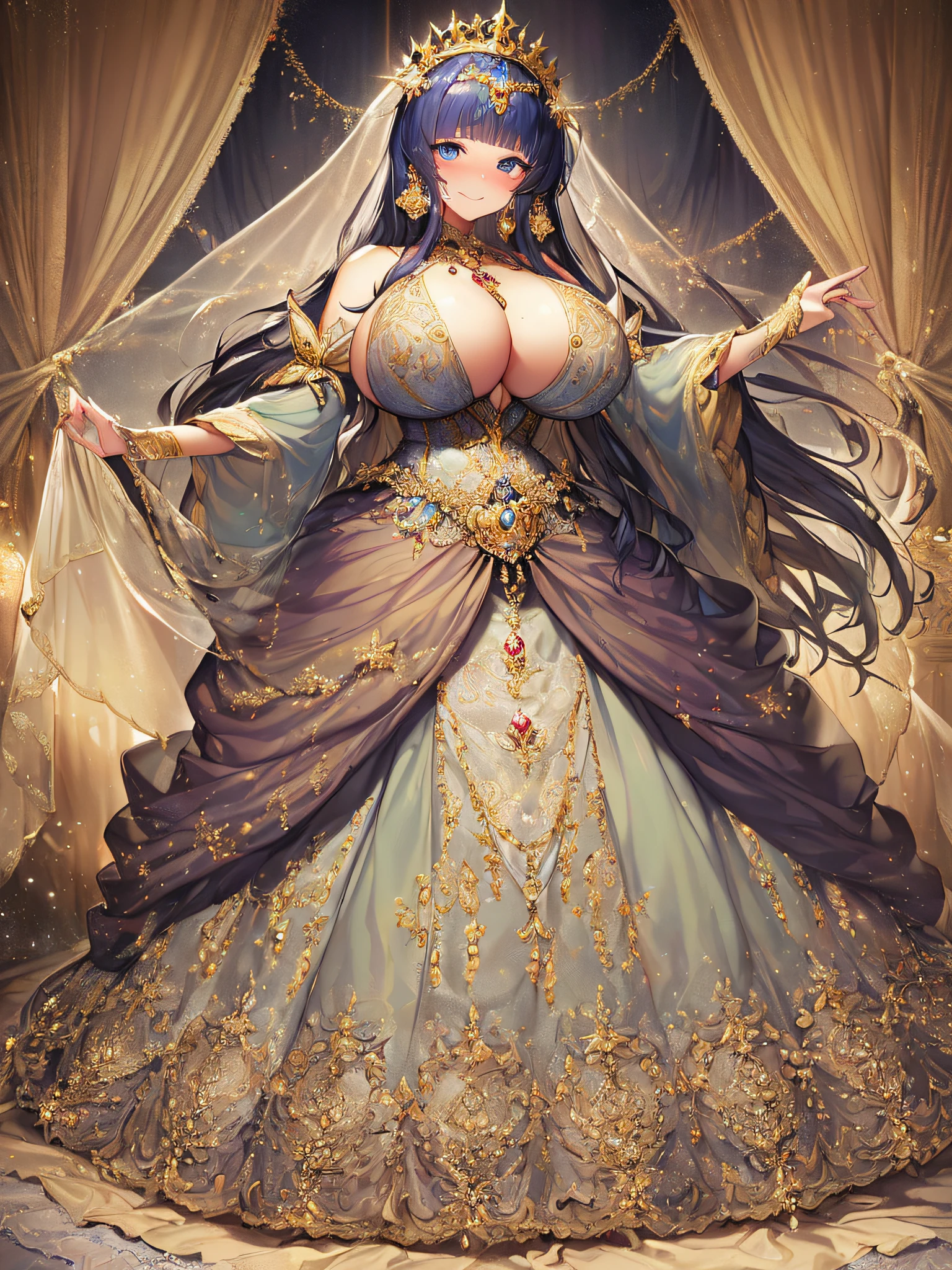 ((Anime Art Style)),((masutepiece,Best Quality,Super Detail,Very delicate and beautiful)),((Full body portrait)),((Solo)),(((One princess in beautiful embroidery and jeweled gorgeous rococo ballgown with voluminous full length hoop skirt))),(Crinoline hoop skirt),(((very gigantic boobs,Skindentation))),((extremely voluminous Very Long Straight Hair)),(finely detailed face and eyes),(Seductive smile,embarrassed),extremely gorgeousfull hair ornament,very gorgeous big tiara adorned with bling-bling jewels,Glitter Gorgeous Gemstone Jewelry,Gorgeous Long Veil,opera gloves,(Beautiful background),(Full body),((beautiful embroidery and jeweled gorgeous rococo ballgown with voluminous full length hoop skirt))