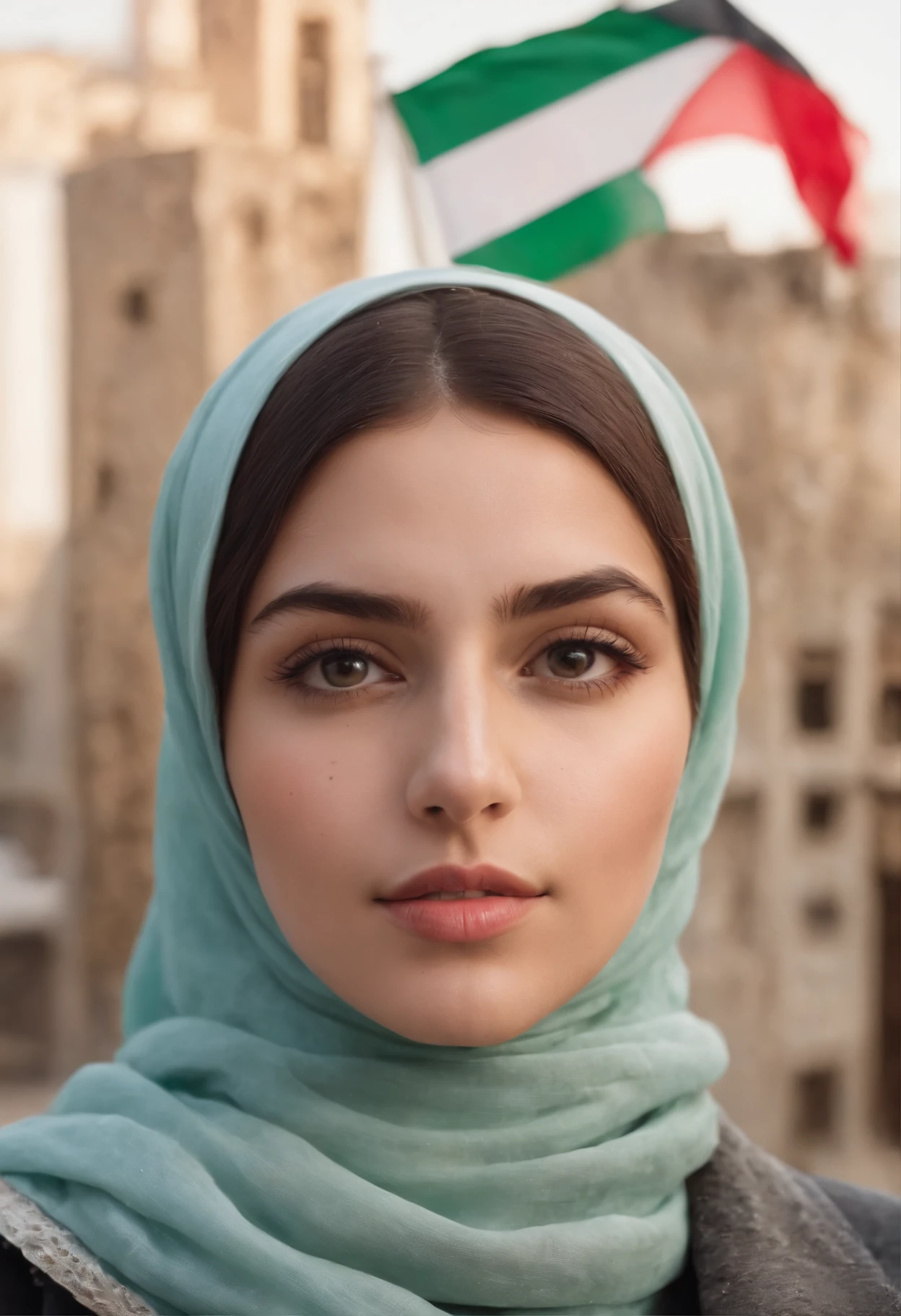 beautiful girl wearing a hijab, sad to see the city being destroyed, corpses falling, rocket explosions, the Israeli flag being crushed by a dog, the watermelon symbol, the Paletinian flag, the Palestinian flag, realistic lighting,