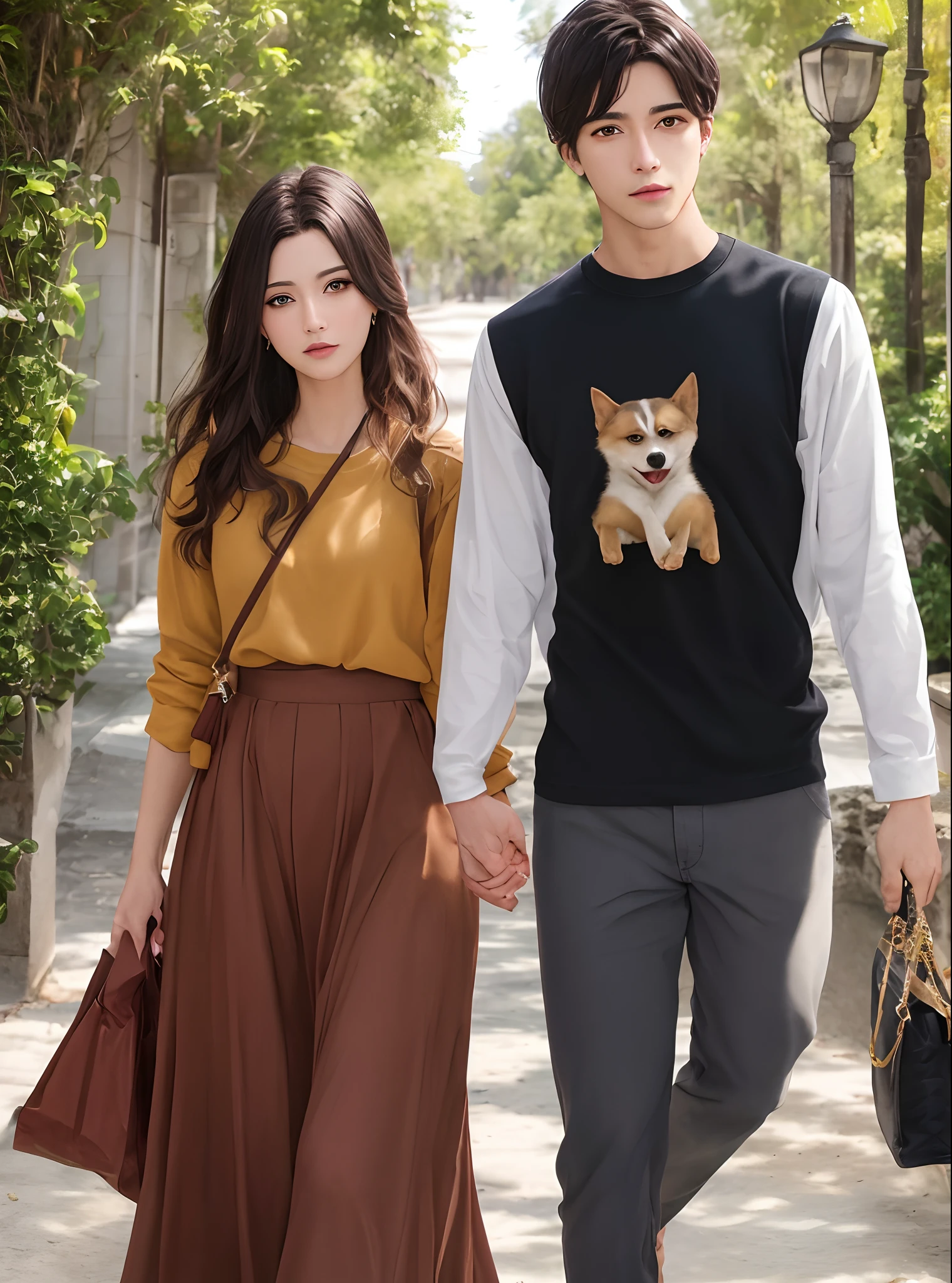 3 personagens: One is a man, alto, branco, com olhos verdes, cabelo loiro escuro e curto, com roupas casuais; the other is a woman, esposa do homem, altura mediana, morena, cabelo preto escuro e longo, olhos pretos, com roupas casuais; and the other is dog, husky siberiano, olhos amarelo, pelos brancos mesclados com marrom, avermelhados e pretos.