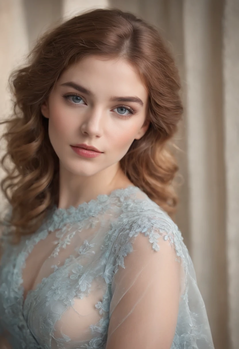 "Portrait complet d’une charmante femme de 18 ans aux cheveux bouclés couleur foin, Un look de coiffure de la fin des années 80, petites taches de rousseur, beau visage, Yeux bleu foncé captivants, et taille modeste du buste, mettant en valeur sa beauté naturelle."