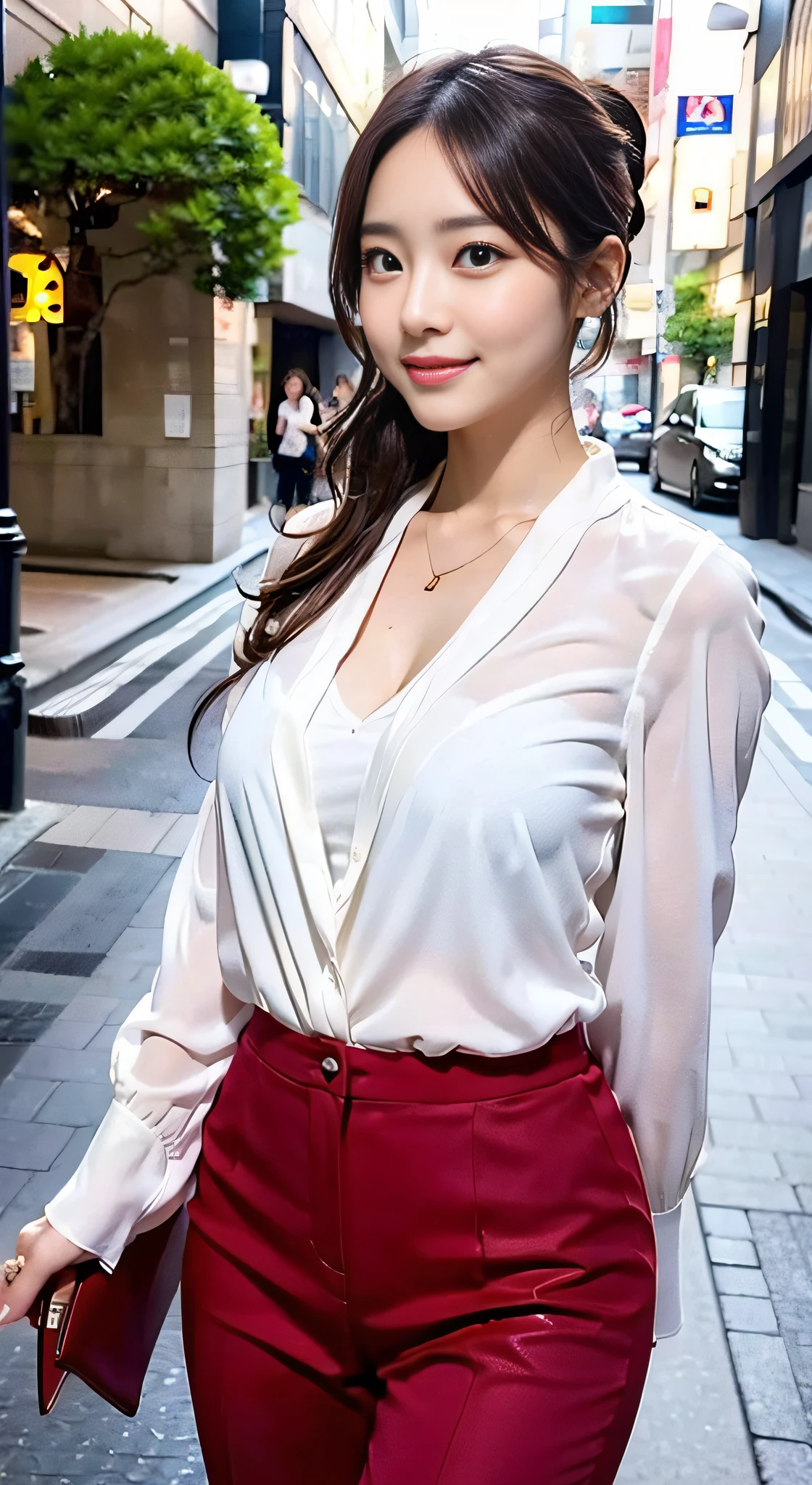 （３２K,high-detail,high detal,hight resolution,highdensity,独奏,Lori：1.3）,（Realistic people,Live action,A detailed eye,High resolution eyes,Fine eyes,Eyes that look like they are alive,beautiful dark blue eyes,Fishing eyes,Detailed lips,Crystal clear white skin,detailed realistic faces：1.3）,（Japanese ido,Korean Idols,model in Japan,Korean models：1.2）,（with a flushed face,natural make up,a necklace,piercings：1.4）（Blouse,Red pumps with high heels,Wide pants,Red cardigan,Business Casual Fashion：1.6）,（well-shaped breasts：1.5）,（Young but very beautiful and elegant Japan people１6 year old beautiful girl,Cute black eyes,Smile a little coldly,facing back,turned around,Looking at the camera,Fashion Leader,Business Girl,Soft skin,Unforgettable eyes,Her eyes are too beautiful,Business Pants Fashion,Pink Short Cut Low Ponytail：1.6）,（showing your whole body,Show full-body fashion,：1.7）