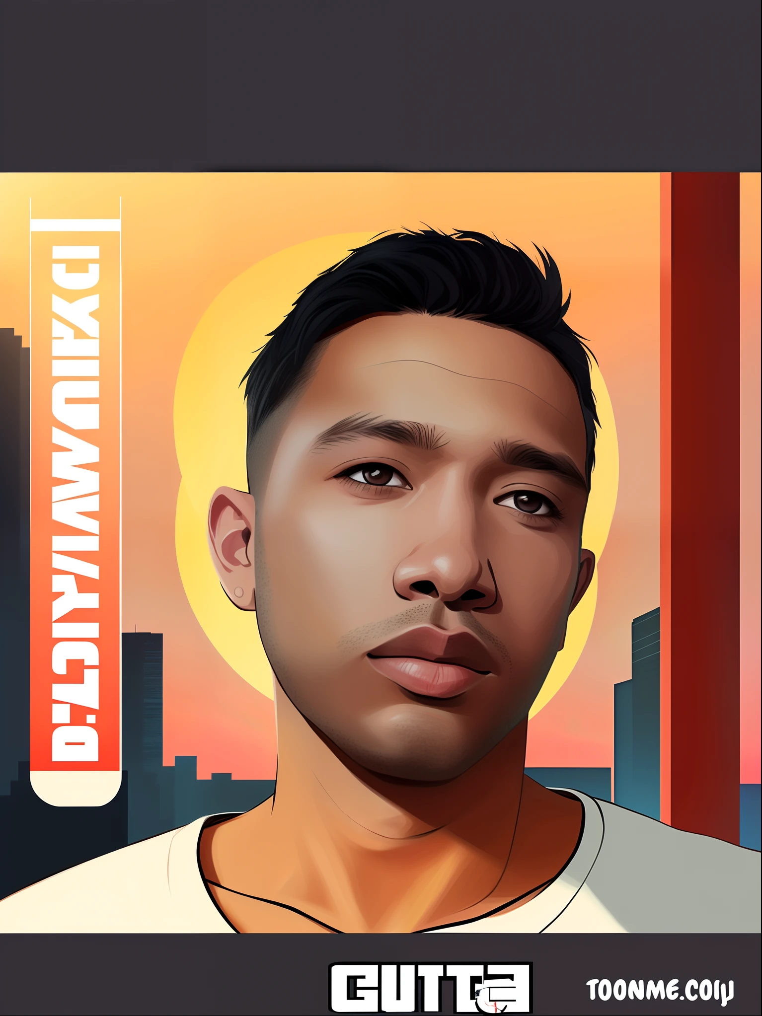 a close up of a man with a city in the background, in style of digital illustration, inspired by Rudy Siswanto, digital illustration portrait, digital drawing, digital illustration, digital portrait, nft portrait, digital art portrait, 2d portrait, lofi portrait, inspired by Russell Dongjun Lu, digital art, digital art, digitalportrait, inspired by Liam Wong