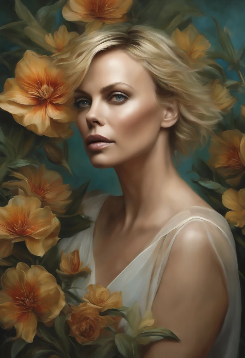 Charlize Theron in A Botanical Masterpiece in the Style of Marco Mazzoni, circunstanciado, hyper-realistic, Front view, elemets do simbolismo e do surrealismo, uma pintura de mse uma atraente e sedutora Charlize Theron por agnes cecile, design luminoso, cores bolo, gotejamentos de tinta, luzes de mola, design intrincado, look at the entwined viewer, bela atraente sedutora Charlize Theron, flor, bolo, olhando para o espectador, Front view