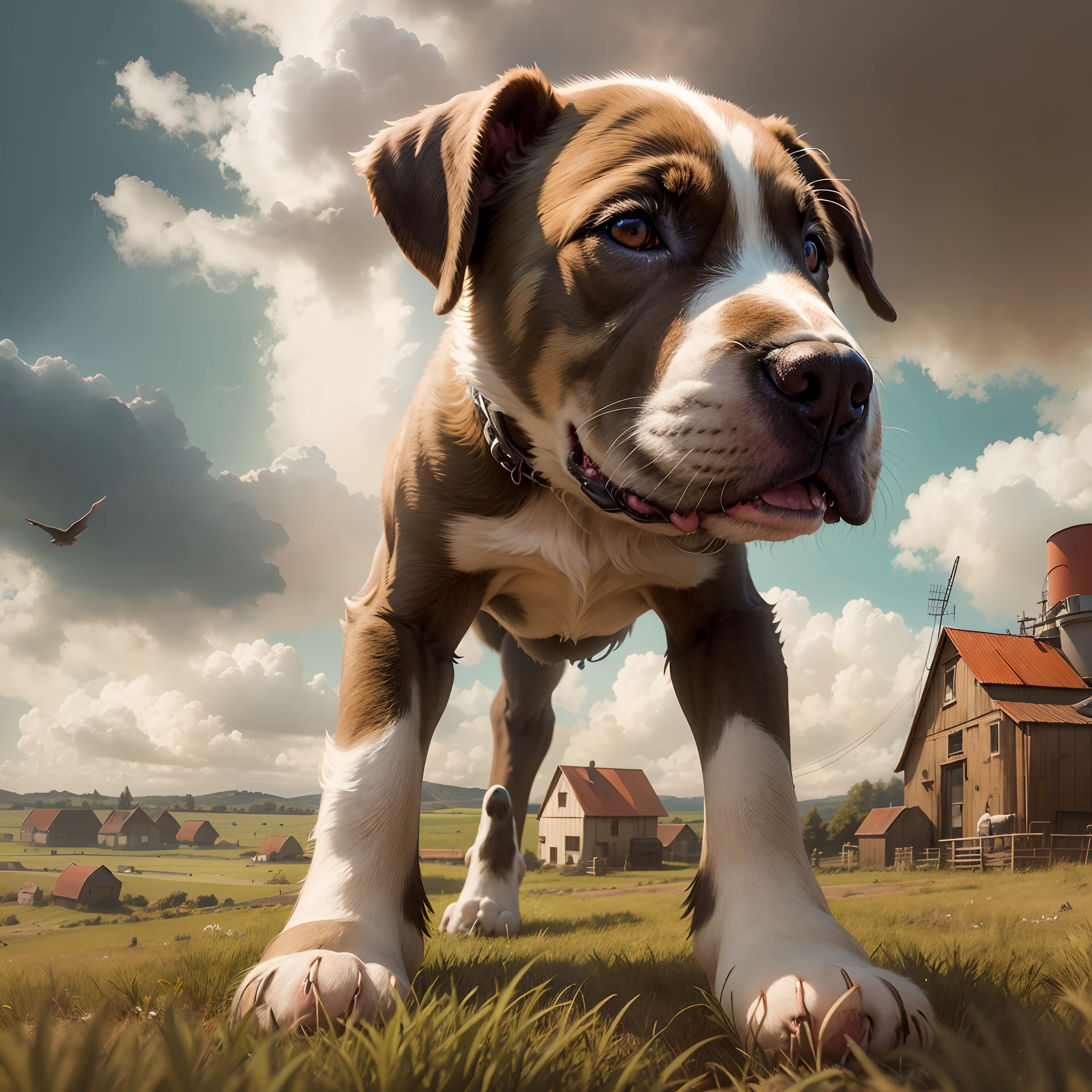 A colossal pitbull puppy towers over a sprawling countryside, her enormous head blocking out the sun. In the shadow of her massive body, tiny barns and farms stretch out far below. The pup's big brown eyes gaze dreamily at the clouds and birds that look so small from her vantage point. Her mind is filled with thoughts of playing and romping through this miniaturized rural world. Bones as big as silos litter the rolling hills, and the puppy dreams of gnawing on them happily. In the distance, a cameraman stands atop a windmill, angling his camera up to capture the full scale of the giant puppy dominating the pastoral landscape. The image shows both the enormity of the puppy's imagination and her gentle innocence as she dreams of a world where she is gigantic.