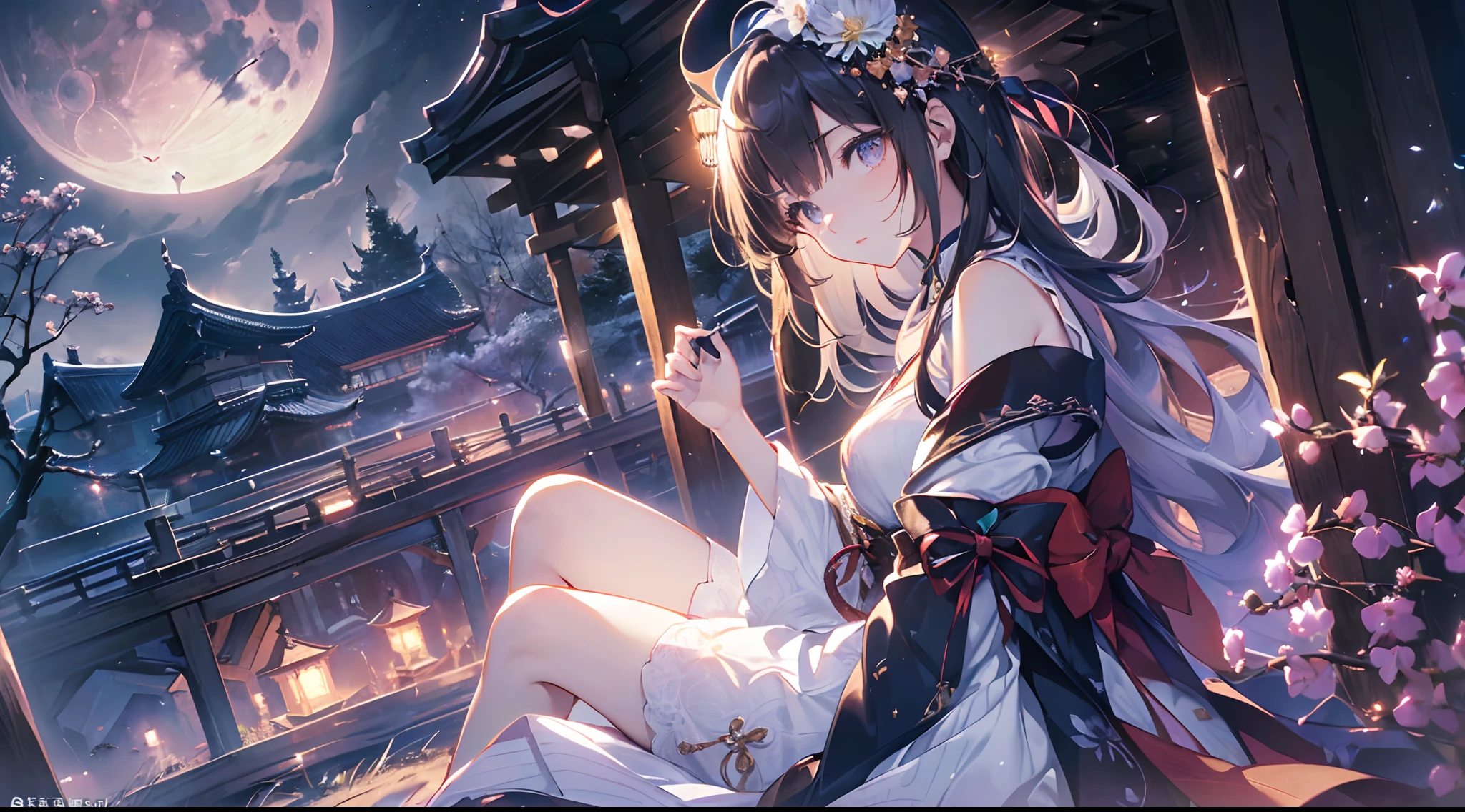 (Official art、Best Quality、Unity 8k Wallpapers、32K、​masterpiece、ultra-detailliert、超A high resolution、realisitic、Photorealsitic:1.2)、(Cinematic lighting:1.2)、Fireglow effect、film grains、Best Shadows、Rim lighting、side lights、(Ultra-detailed and complex 3D rendering)、Detailed beautiful face and eyes、A slender、Medium bust、(Full body:1.2)、(sideshot、Looking up at the moon、Looking away:1.2)、(Mystical、moonlights)、Highly detailed background、beauitful face、blurry backround、a beauty girl、(super detailed skin、detailed skin textures:1.3)、Japan garden、cowboy  shot、Sit on the porch、One full moon in the sky、Moon、dumpling、