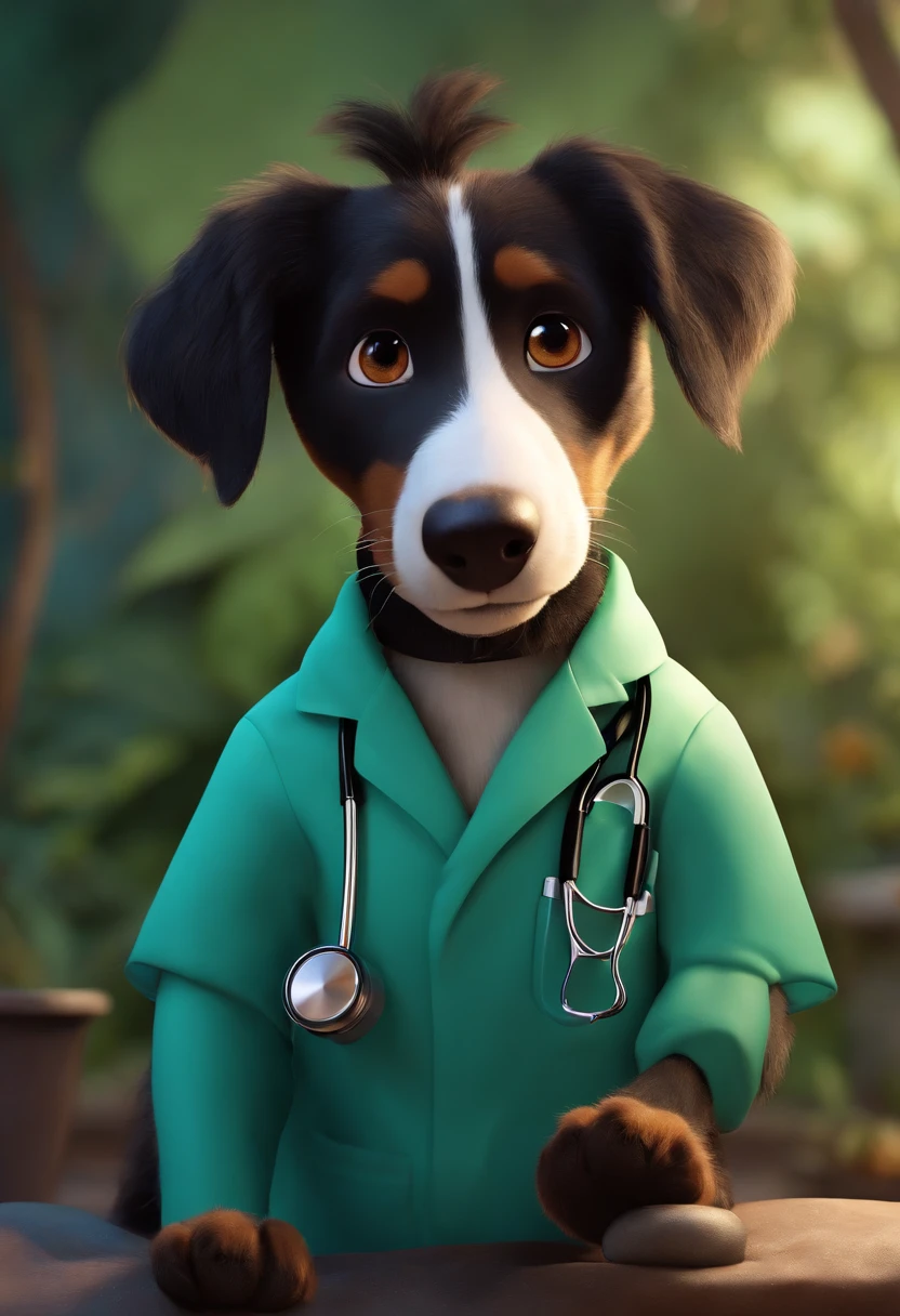 Create a pixar-style character black veterinarian using scrubs and a stethoscope, segurando um frasco de medicamento de cannabis, with medium hair, brown eyes, com cachorro e gato com ela
