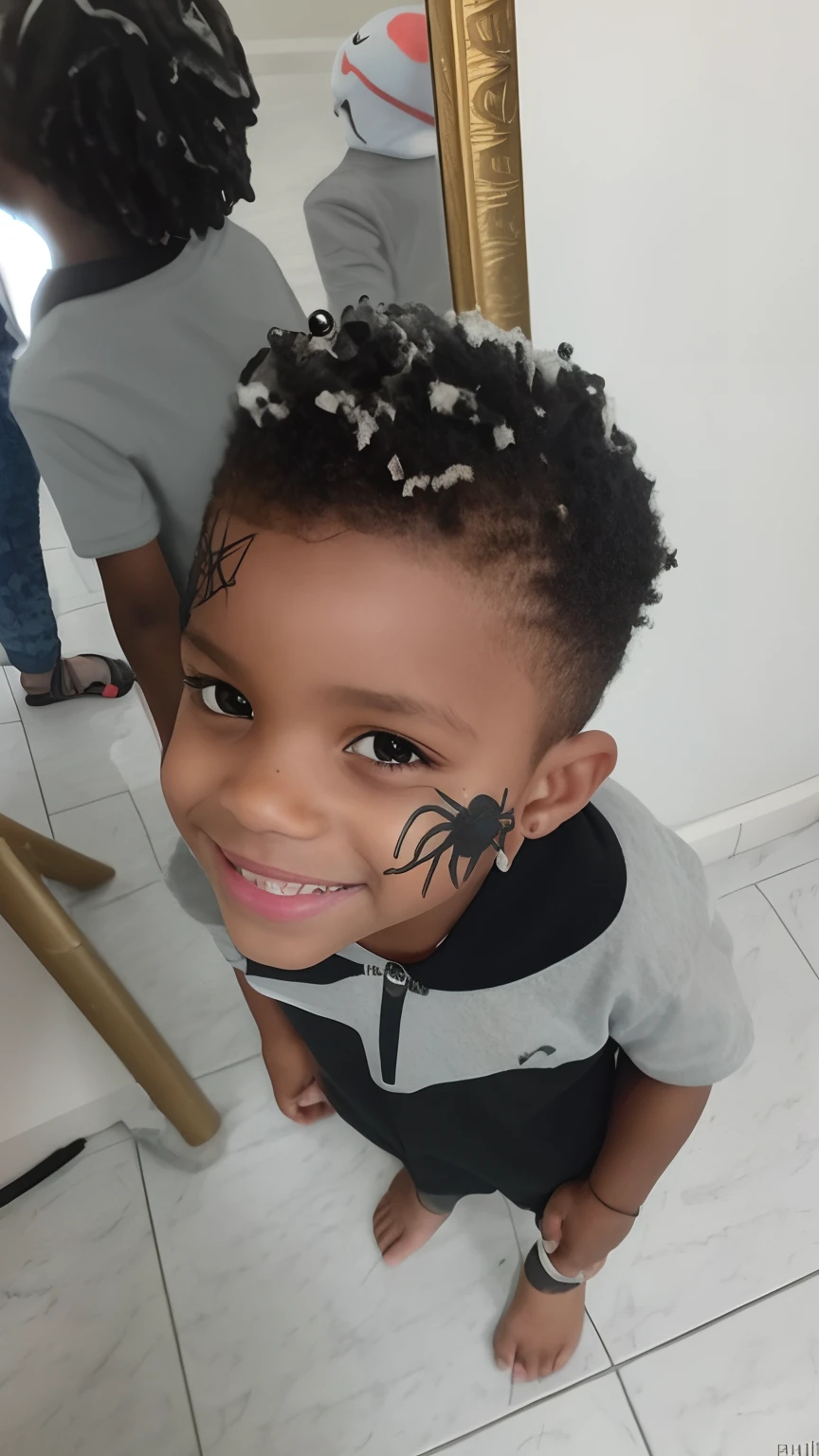 There's a boy with a spider painted on his face, Directed by: Nandor Soldier, marcas no rosto, pintura facial, uma aranha fofa, pintura facial, caio santos, Directed by: Emerson Silva, pintura facial, icaro carvalho, Spiderman!!, menino tem cabelo preto curto, by Almeida Júnior, Miles Morales!!!