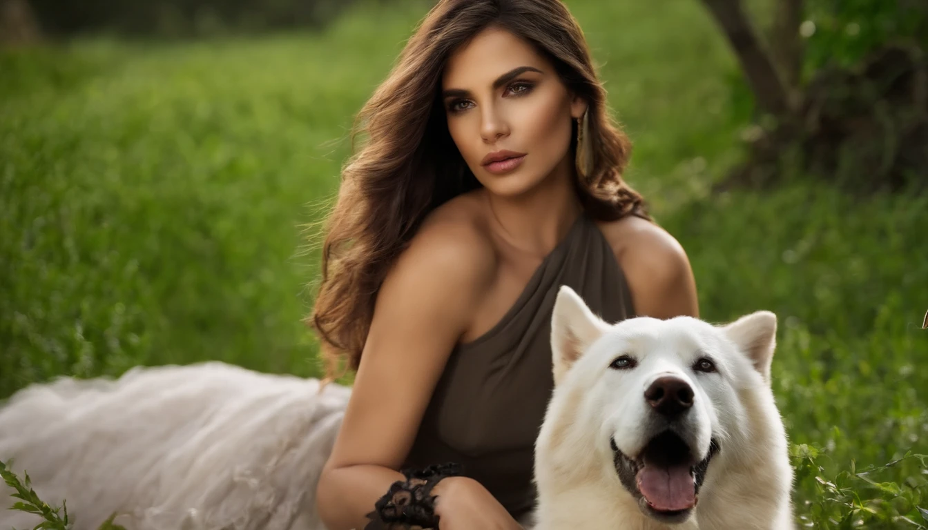 One is a man, alto, branco, com olhos verdes, cabelo loiro escuro e curto, com roupas casuais; the other is a woman, esposa do homem, altura mediana, morena, cabelo preto escuro e longo, olhos pretos, com roupas casuais; and the other is dog, husky siberiano, olhos amarelo, pelos brancos mesclados com marrom, avermelhados e pretos.