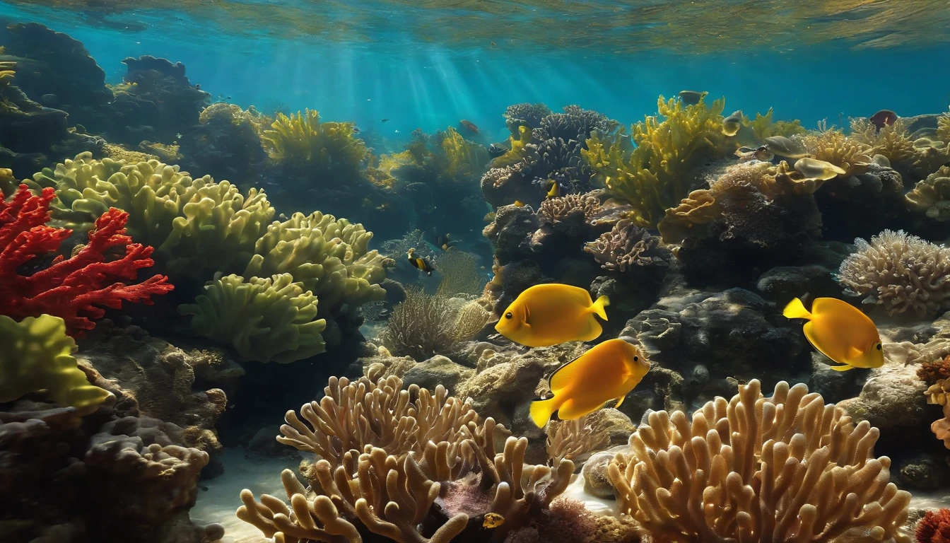 shining sunlight reflecting on the surface, graceful swimming strokes, sparkling water droplets, underwater world, colorful coral reefs, vibrant tropical fish, tranquil and peaceful atmosphere, best quality, ultra-detailed, realistic, hydrodynamic motion, fluid movements, vibrant colors, playful light rays, underwater beauty