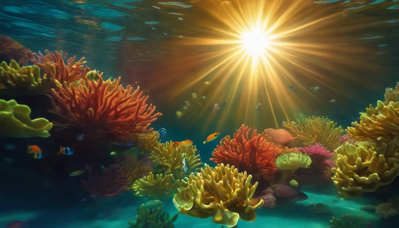 shining sunlight reflecting on the surface, graceful swimming strokes, sparkling water droplets, underwater world, colorful coral reefs, vibrant tropical fish, tranquil and peaceful atmosphere, best quality, ultra-detailed, realistic, hydrodynamic motion, fluid movements, vibrant colors, playful light rays, underwater beauty
