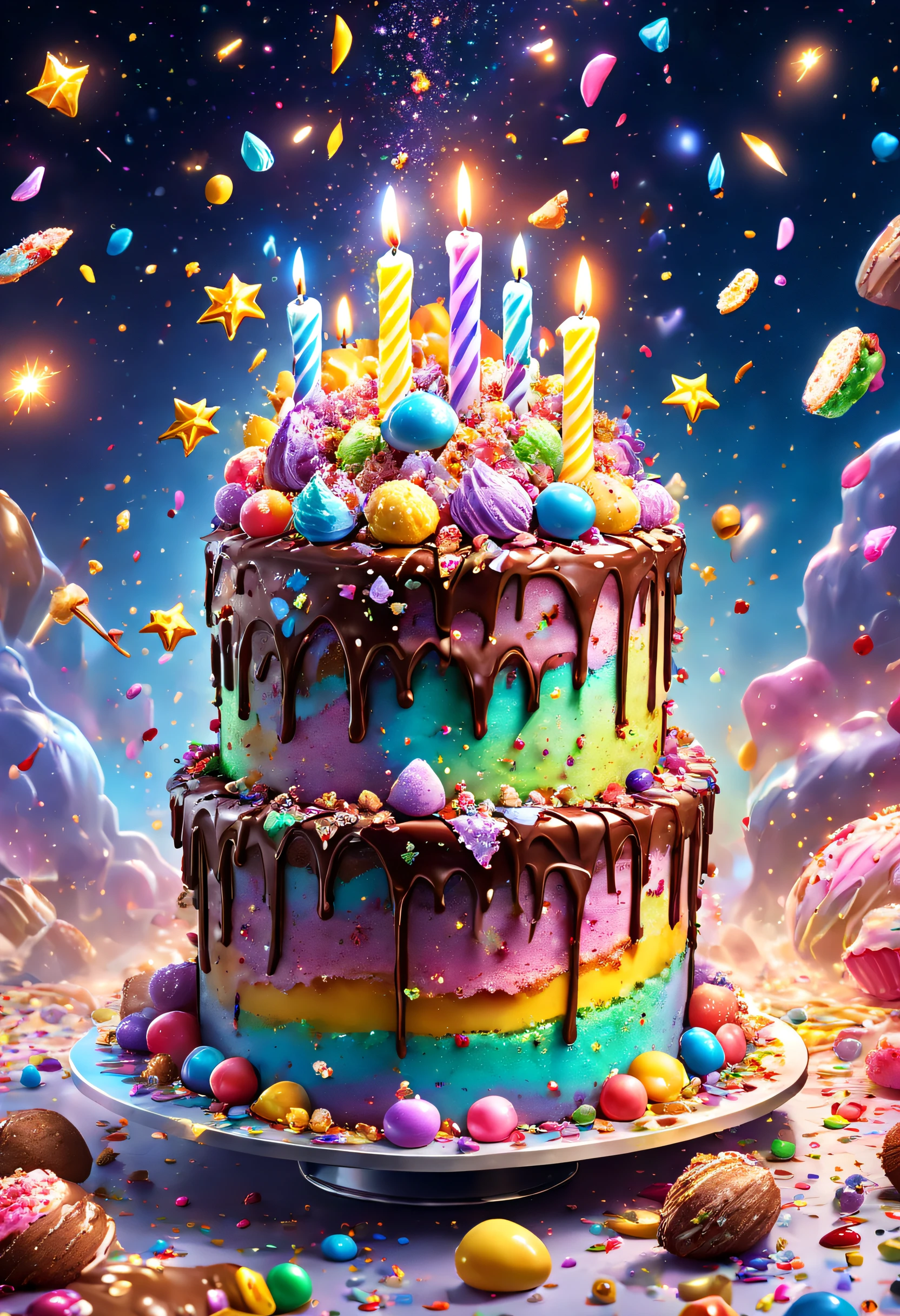 Beautiful 8K Ultra HD professional photos, Sharp focus, In a stunning fantasy starry world,A birthday cake filled with gems falls from the sky，A huge cake，It has candles and confetti on it, Huge birthday cake, with sparkling gems on top，isometry，icecream，Confectionery，Beautiful rainbow cake，