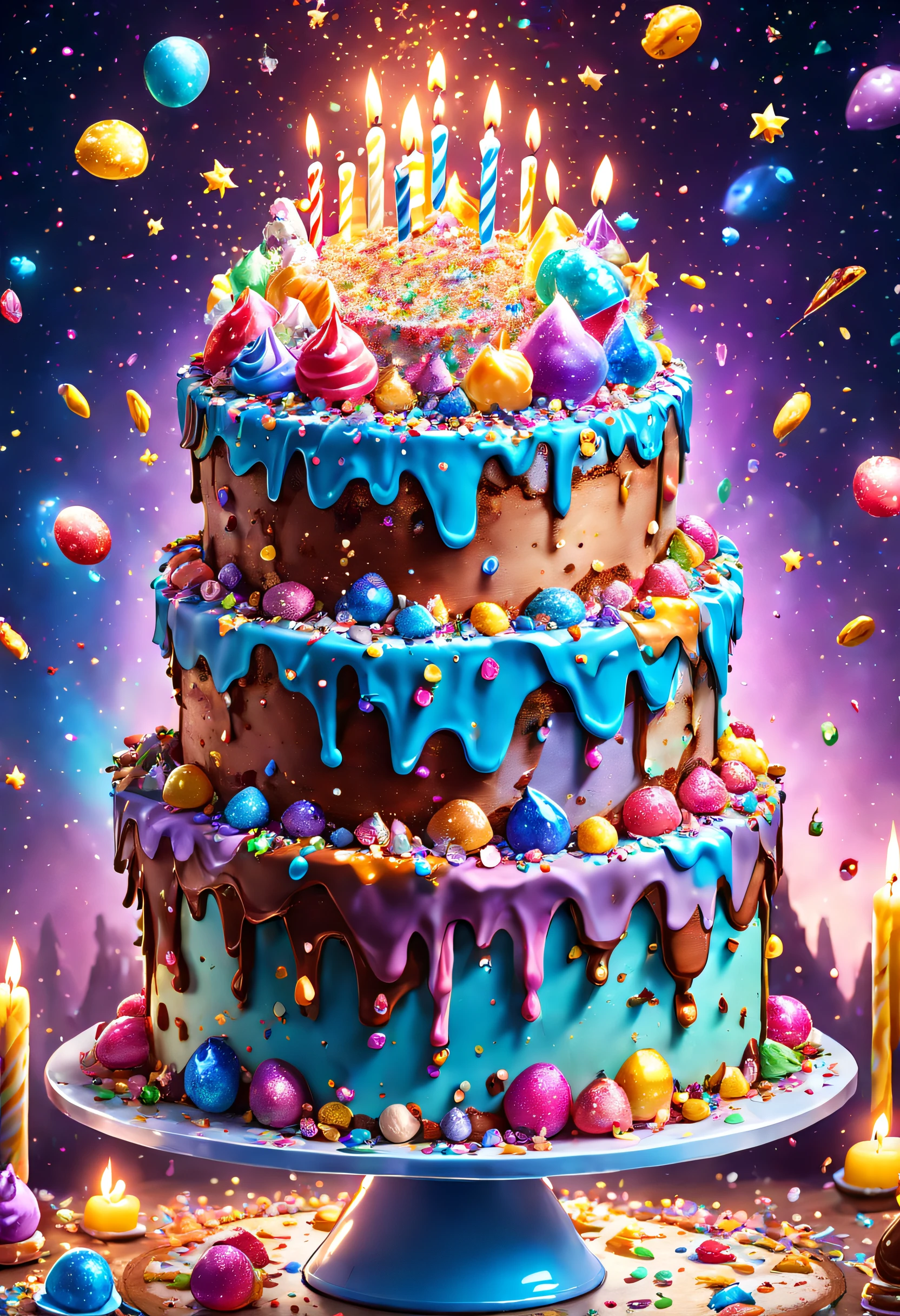 Beautiful 8K Ultra HD professional photos, Sharp focus, In a stunning fantasy starry world,A birthday cake filled with gems falls from the sky,A huge cake,It has candles and confetti on it, Huge birthday cake, with sparkling gems on top,isometry,icecream,Confectionery,Beautiful rainbow cake,