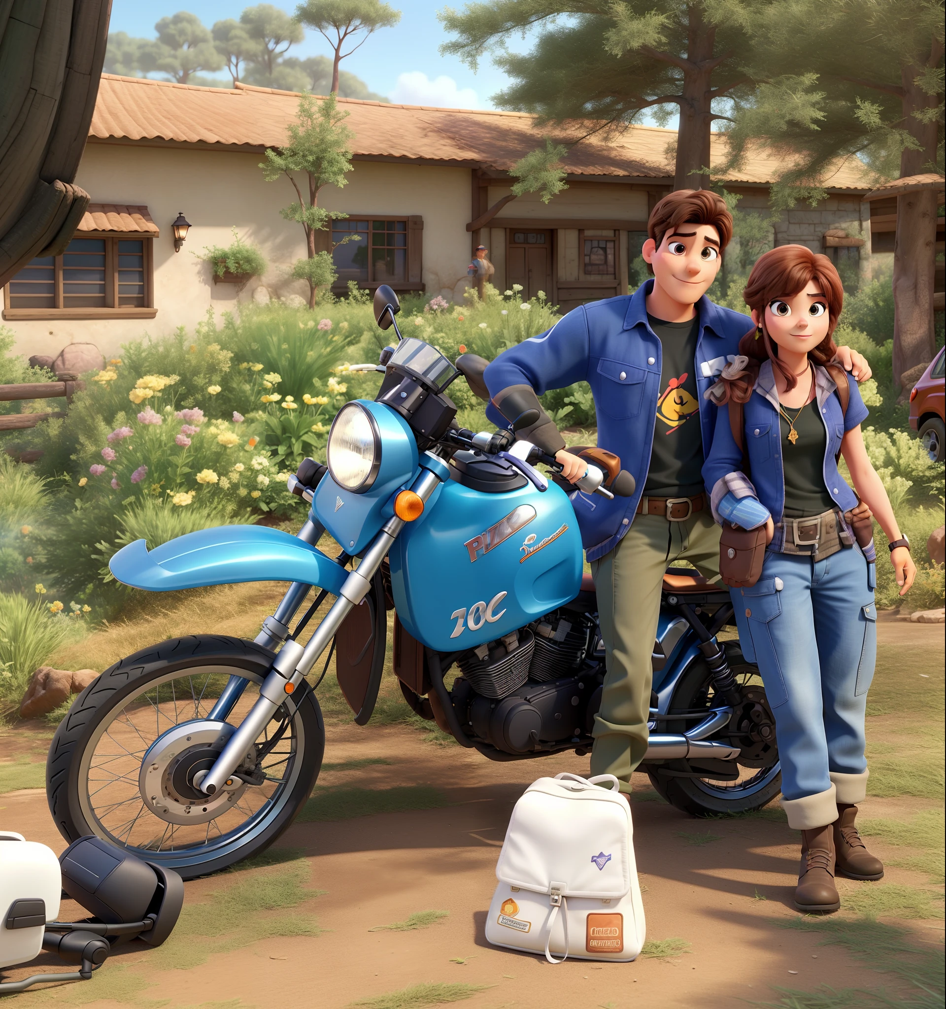 a man and a woman leaning in front of a motorcycle in a nature environment DISNEY PIXAR STYLE, HIGH QUALITY, BEST QUALITY