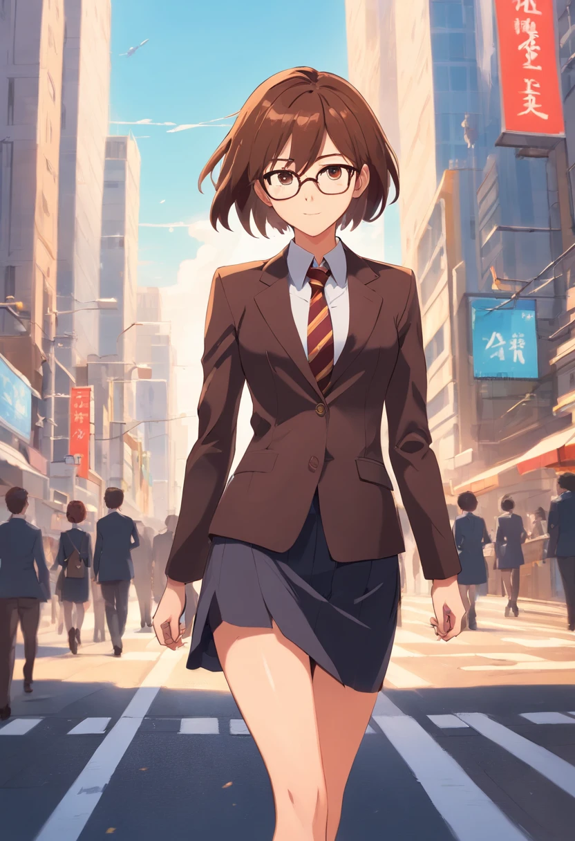 Brown color color hair, short hair,brown color eyes,black color business suit,short skirt ,A bustling city street, brown glasses ,Black suit , glasses , 😁