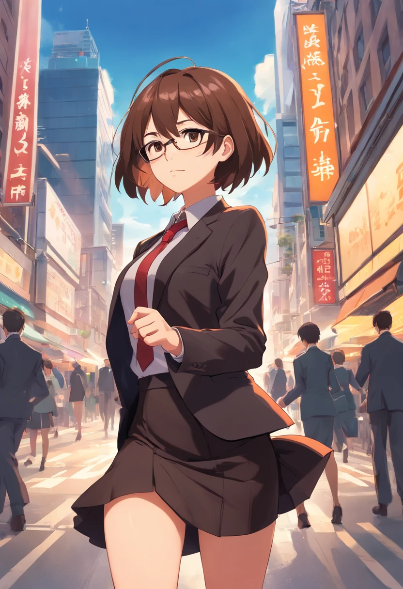 Brown color color hair, short hair,brown color eyes,black color business suit,short skirt ,A bustling city street, brown glasses ,Black suit , glasses , 😁