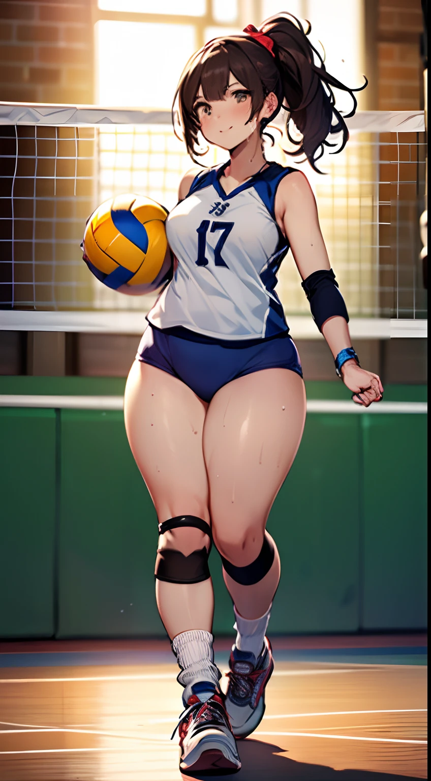 very big breasts、big thighs、Thighhighs、black hair、straight hair、half open eyes、volleyball player、embarrassed look、very bulging nipples、Face forward and spread your legs wide、squat down、sweating a lot、Very wet、straighten your back