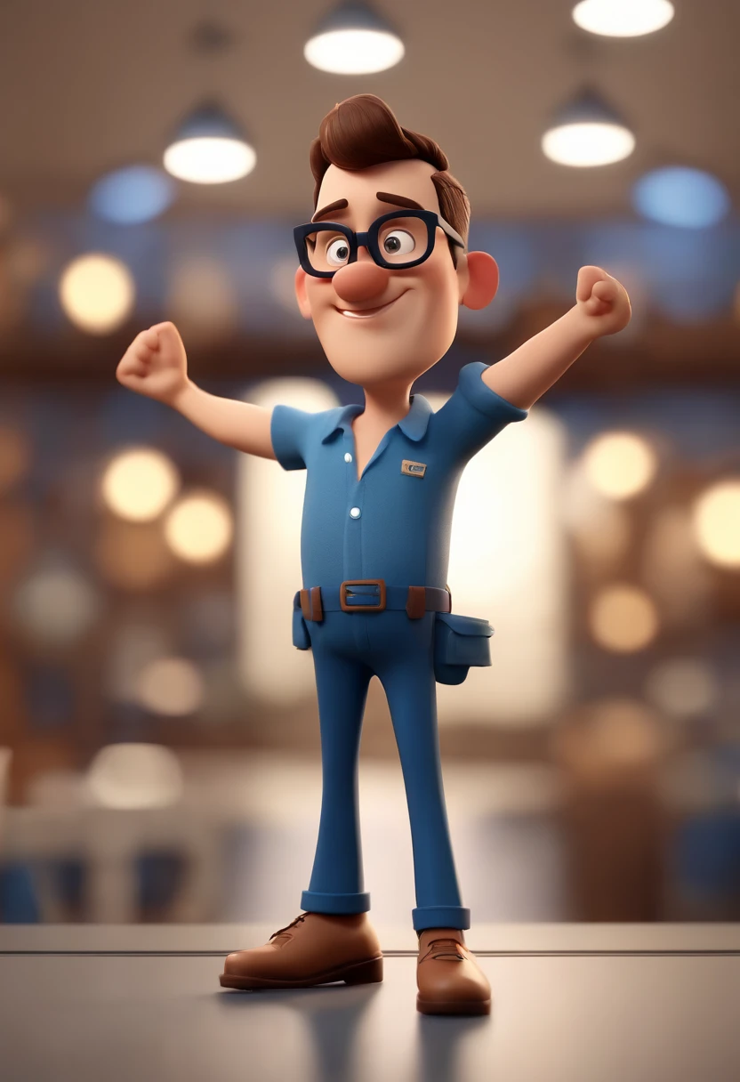 Cartoon character of a man wearing black glasses and a blue shirt, um personagem animado, Caractere estilizado, animation style rendering, 3D estilizado, Arnold Maya render, 3 d render stylized, toon render keyshot, Personagem 3D, Personagem 3D, 3d rendering stylized, 3 d character render, personagem de desenho animado, Personagem de close up, Pose de personagem, (Estilo Pixar) (master part:1.2) (Bokeh) (best quality) (pele detalhada) (textura detalhada) (8k) (argila) (Cinematic lighting) (foco nítido,Senta e vaza a parte superior do corpo