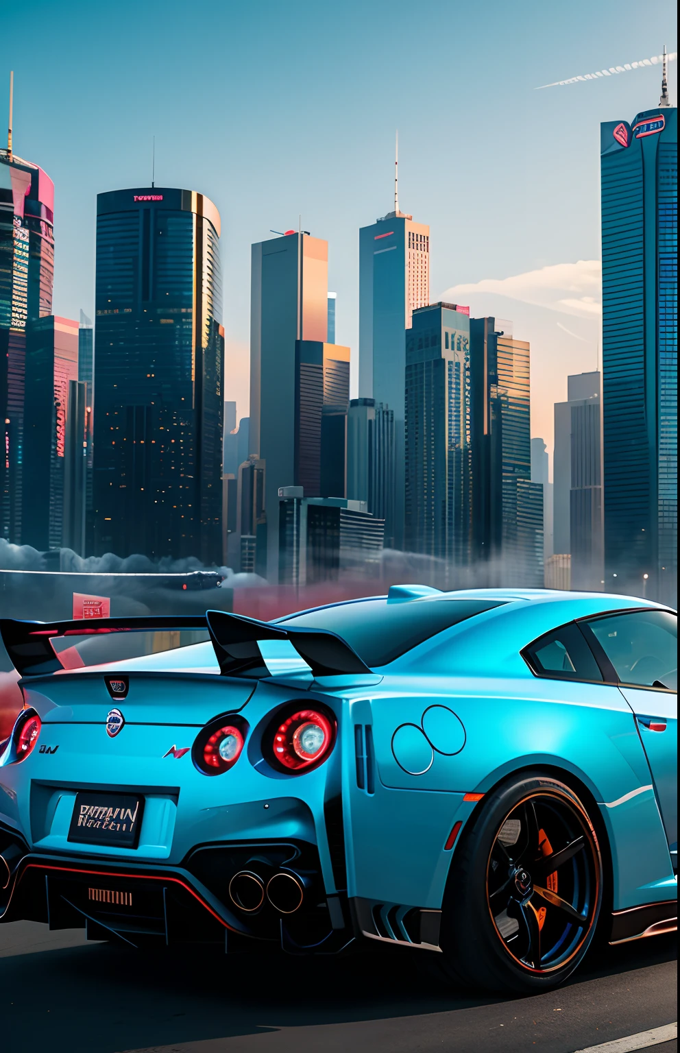 Cyberpunk Hypercar、soft colors、Swirling color smoke、legends、Cityscape、kosmos、Nissan GTR-R34