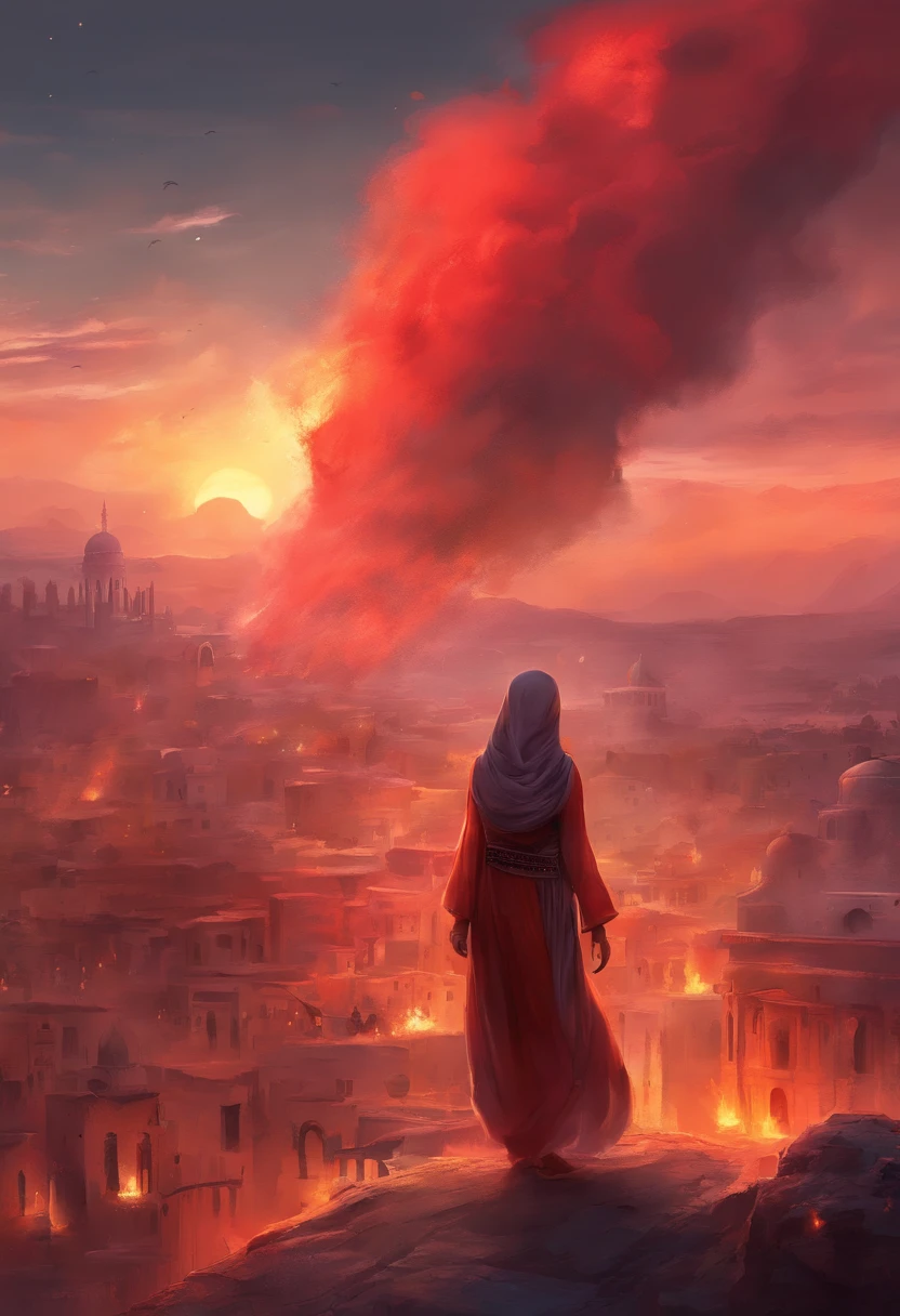 (best quality), sad Palestinian Muslim girl, hijab clothes, Palestinian flag, destroyed city background, smoke bomb, fire, watermelon,((very clear)), blood, cinematic light