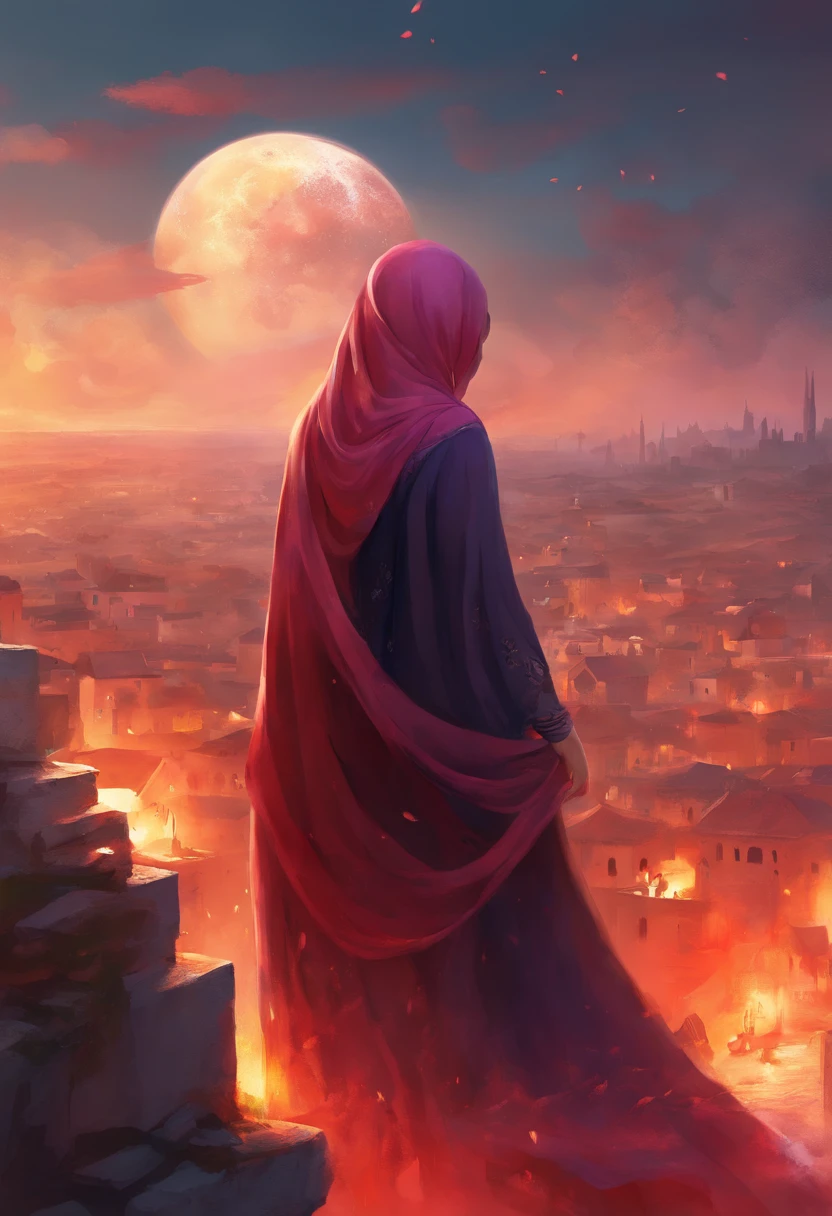 (best quality), sad Palestinian Muslim girl, hijab clothes, Palestinian flag, destroyed city background, smoke bomb, fire, watermelon,((very clear)), blood, cinematic light