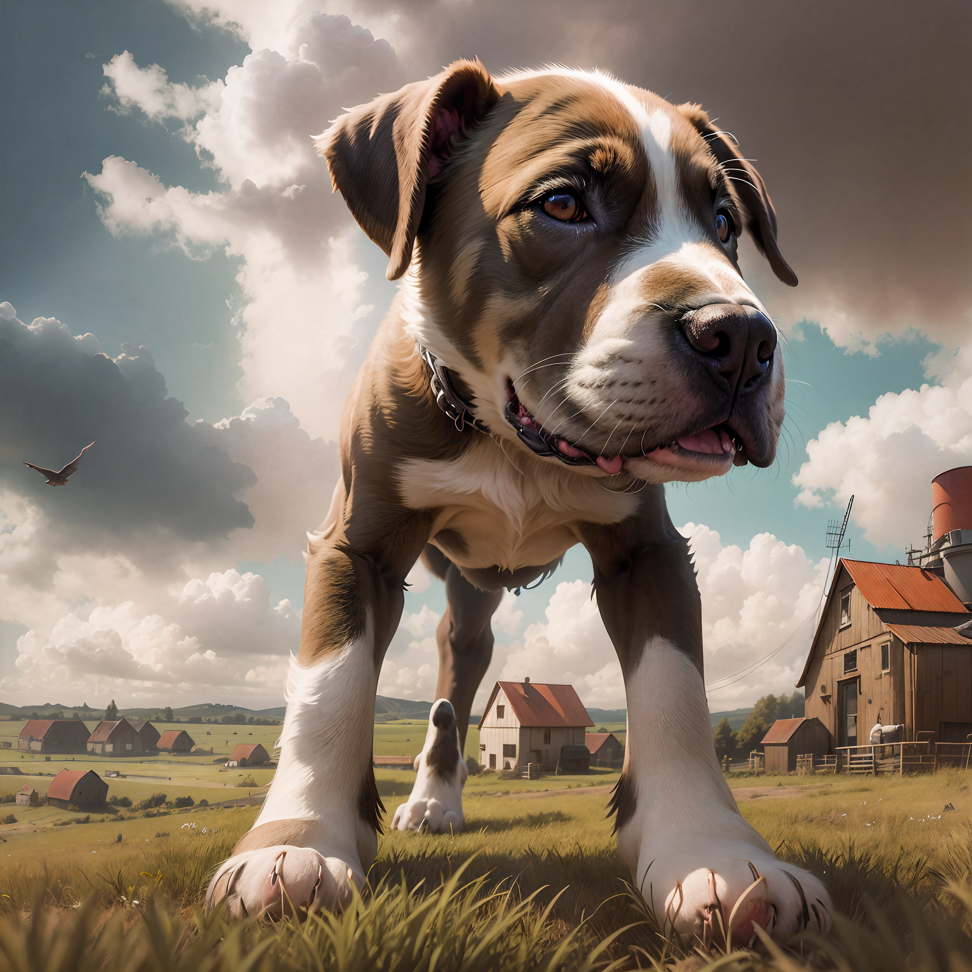 A colossal pitbull puppy towers over a sprawling countryside, her enormous head blocking out the sun. In the shadow of her massive body, tiny barns and farms stretch out far below. The pup's big brown eyes gaze dreamily at the clouds and birds that look so small from her vantage point. Her mind is filled with thoughts of playing and romping through this miniaturized rural world. Bones as big as silos litter the rolling hills, and the puppy dreams of gnawing on them happily. In the distance, a cameraman stands atop a windmill, angling his camera up to capture the full scale of the giant puppy dominating the pastoral landscape. The image shows both the enormity of the puppy's imagination and her gentle innocence as she dreams of a world where she is gigantic.