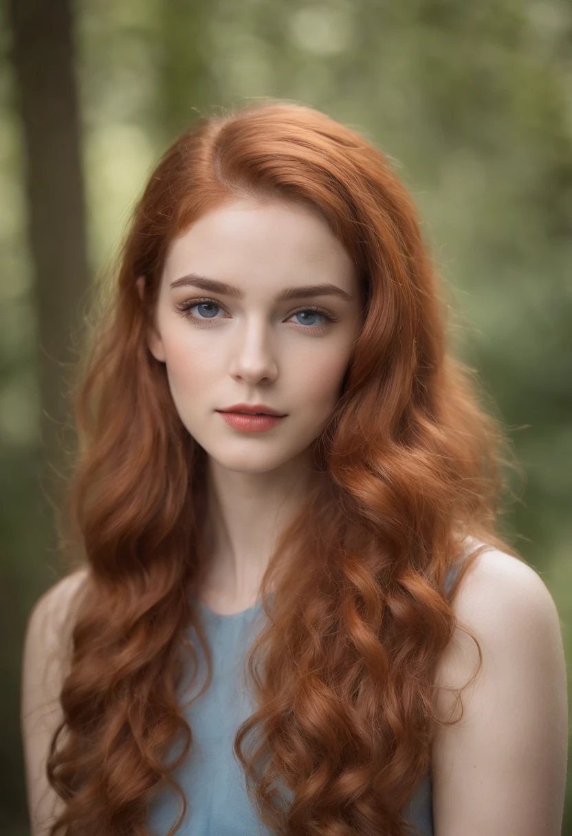 "Portrait complet d’une charmante femme de 18 ans aux cheveux bouclés couleur roux, Un look de coiffure de la fin des années 80, petites taches de rousseur, beau visage, Yeux bleu foncé captivants, et taille modeste du buste, mettant en valeur sa beauté naturelle."