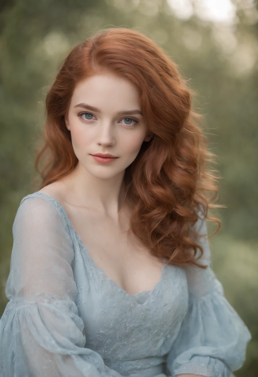 "Portrait complet d’une charmante femme de 18 ans aux cheveux bouclés couleur roux, Un look de coiffure de la fin des années 80, petites taches de rousseur, beau visage, Yeux bleu foncé captivants, et taille modeste du buste, mettant en valeur sa beauté naturelle."