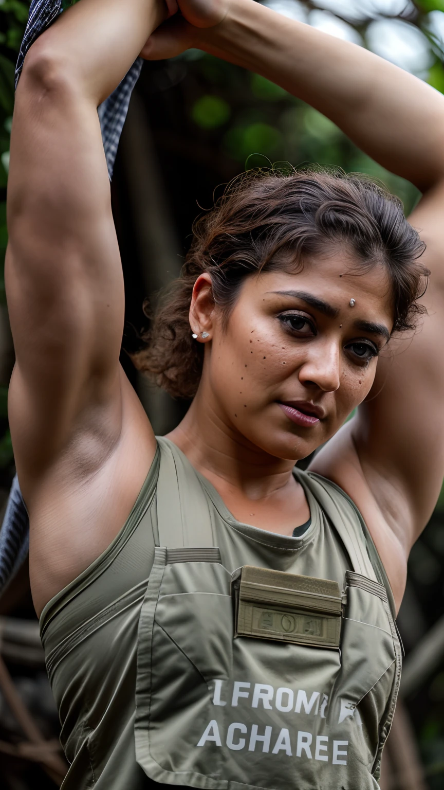 Looks like Nayanthara, Woman doing exercise, Highest quality, (dramatic lighting:0.7), masterpiece, high angle shot, RAW photo of (pale 45 year old military Special Force woman with short hair, mascular woman with heavy physique, looking up at the viewer), cute, Extremely sweat, (wearing sleeveless
square neck vest, thin cotton ), doing pulls up on horizontal bar in a military camp in jungle, portrait, perfect face, alluring eyes, vivid detail, (highly detailed skin), freckles, sfw, (blue tint:0.6), (dirty:0.8), (bloody:0.7), key lighting, (backlighting:0.5), medium depth of field, photographed on a Canon 5D, 50mm lens, F/4 aperture, (hyperdetailed, intricate details), sharp focus, muted colors, 8k, absurdres, 8mm film grain, war photography