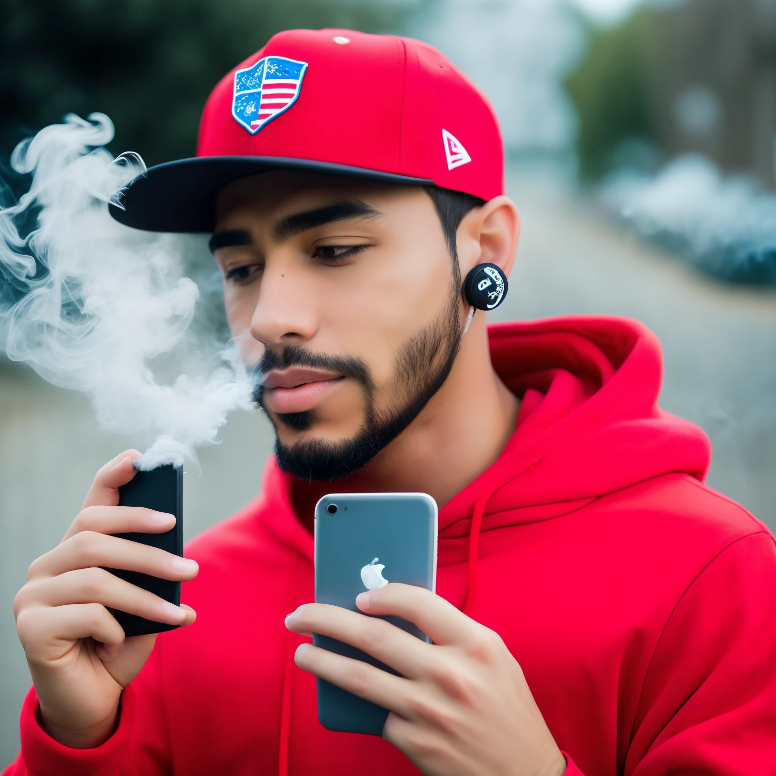 puerto rican male with low beard, small gauges in ear , snapback hat, smoke effects, holding phone, wearing a red hoodie