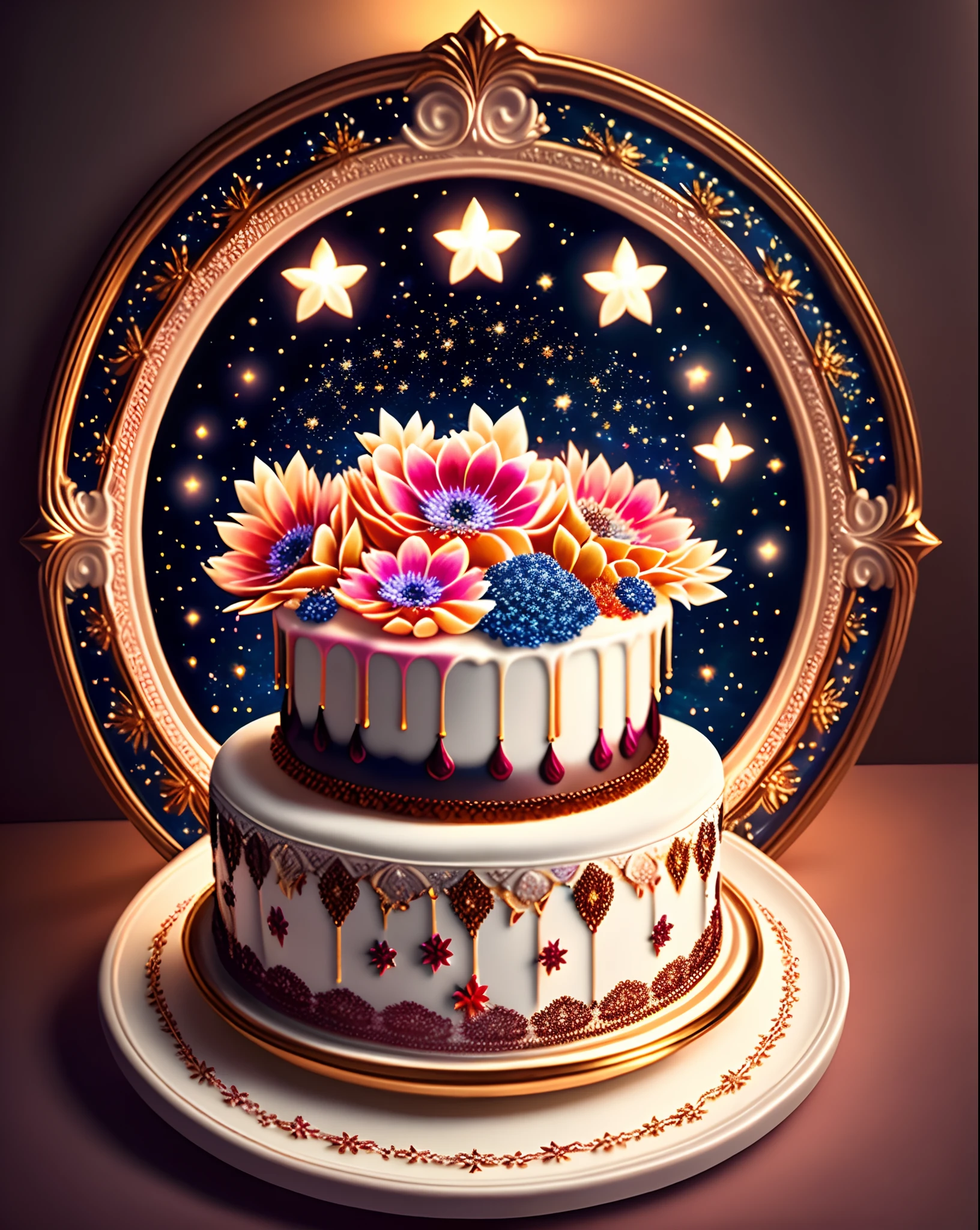 (Best quality,4K,A high resolution,Masterpiece:1.2),Delicate cake,Heavy cream,Decorated with various details，Such as small flowers,Leaves and stars that reflect light,seductive appearance,A few colorful candles on the cake,There are exquisite sweets and chocolates nearby,Fine cream,detailed flowers,Vivid colors,Sharp focus,Ultra-detailed,A masterpiece of art,professional,rich deep color,Intricate details,Attractive lighting,astrophotography,framed,Centered,symetry