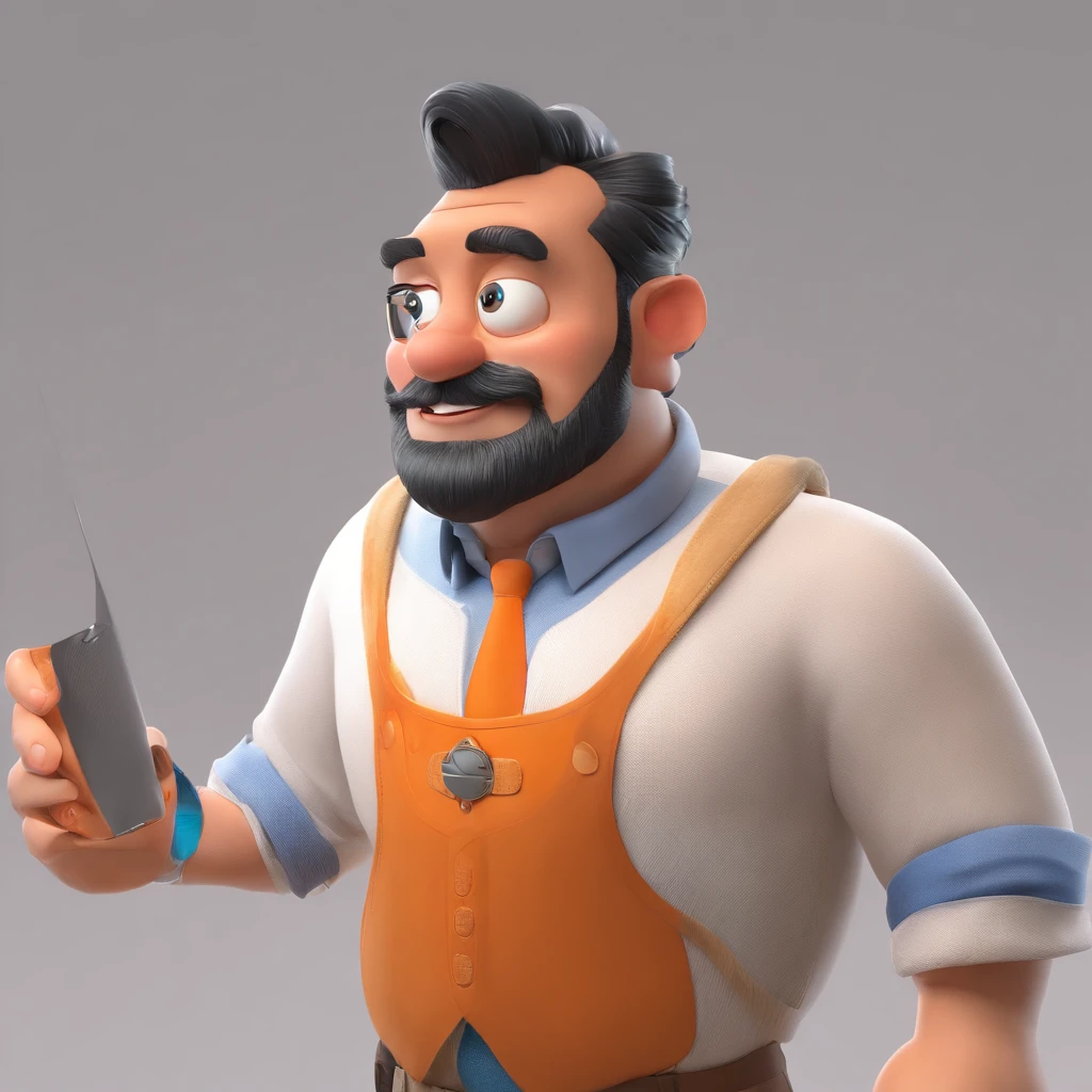 Criar um personagem no estilo Pixar. Trata-se de um homem de 30 anos, com barba, Branco, com cabelos castanhos curtos e um quiff, e olhos castanhos. Ele deve estar na frente de um computador, Trabalhar como designer