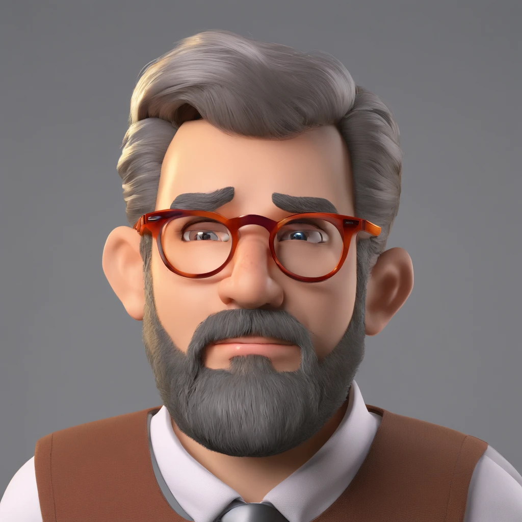 Criar um personagem no estilo Pixar. Trata-se de um homem de 30 anos, com barba, Branco, com cabelos castanhos curtos e um quiff, e olhos castanhos. Ele deve estar na frente de um computador, Trabalhar como designer