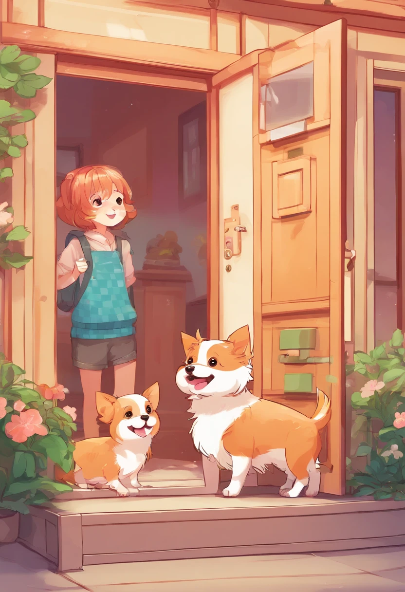 Illustration of 2 small dogs on alert at the door of the house with a window to the street showing that it is already late at night
