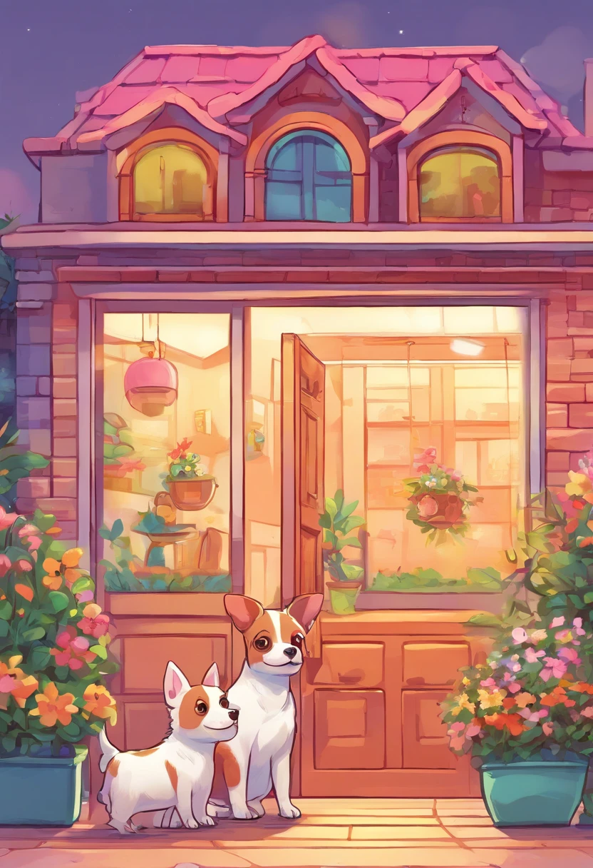 Illustration of 2 small dogs on alert at the door of the house with a window to the street showing that it is already late at night