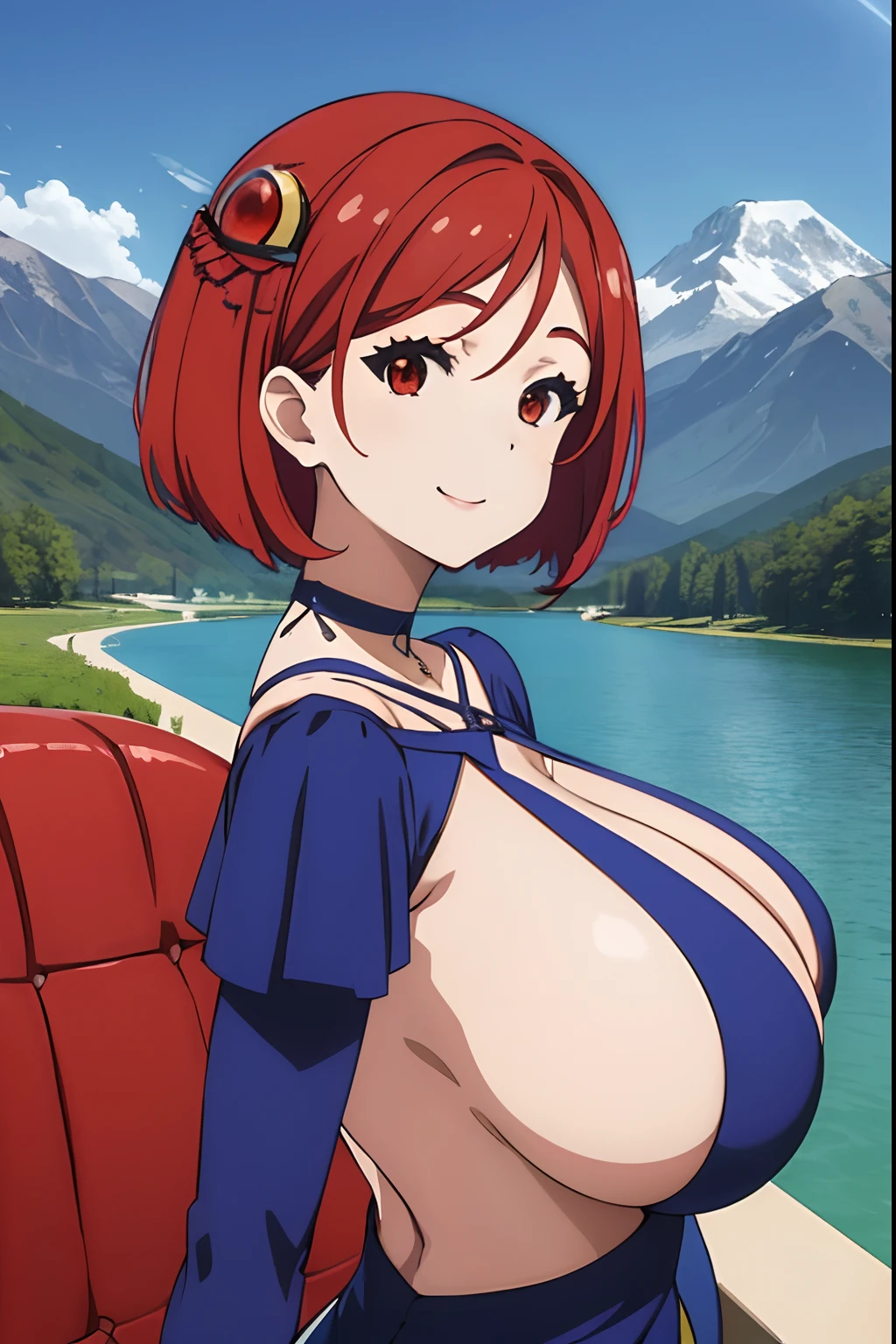 Huge tits, smile, mountain, lake, (best quality), (masterpiece), ariadoa, short hair, red hair, red eyes, hair ornament, blue dress, long sleeves, cleavage, large breasts, choker, halterneck, criss-cross halter, looking at viewer, smiling, big butt,