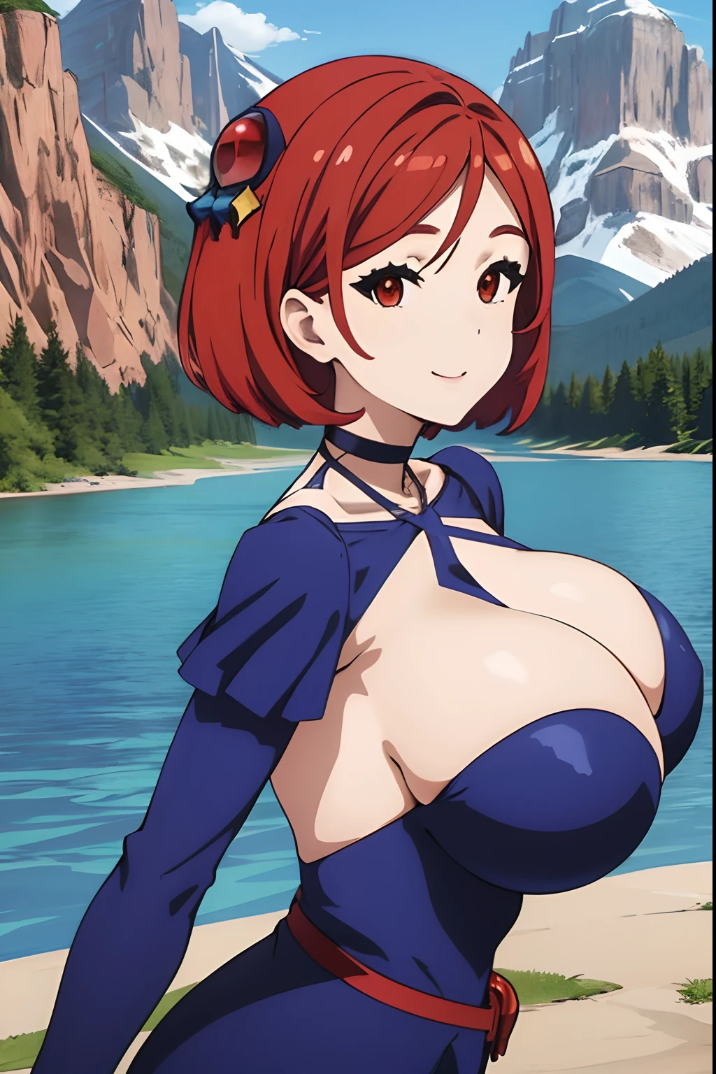 Huge tits, smile, mountain, lake, (best quality), (masterpiece), ariadoa, short hair, red hair, red eyes, hair ornament, blue dress, long sleeves, cleavage, large breasts, choker, halterneck, criss-cross halter, looking at viewer, smiling, big butt,