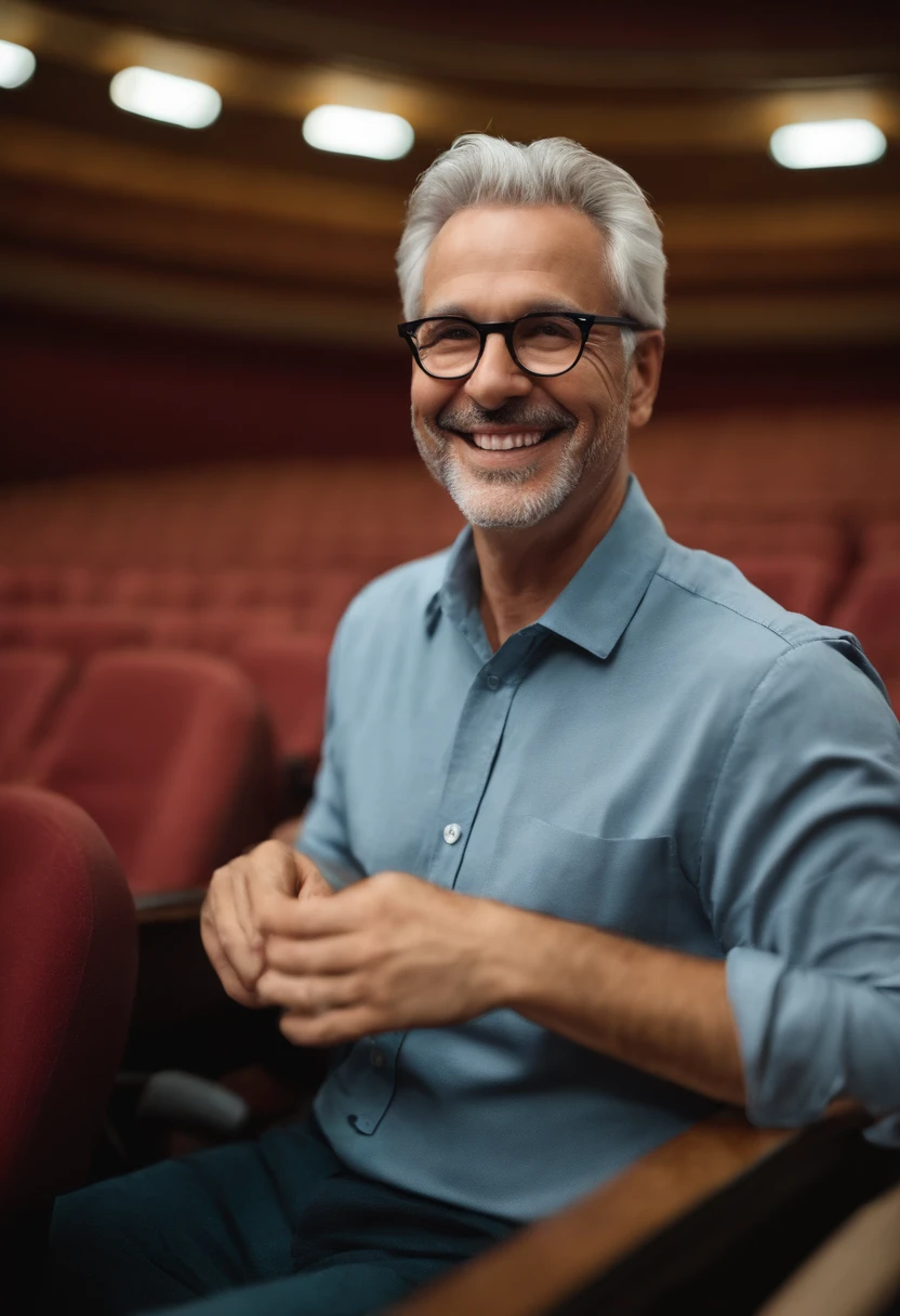 Man with glasses, smiling, gray hair, in an auditorium hall