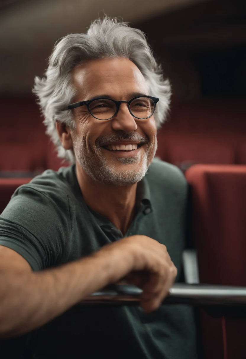 Man with glasses, smiling, gray hair, in an auditorium hall