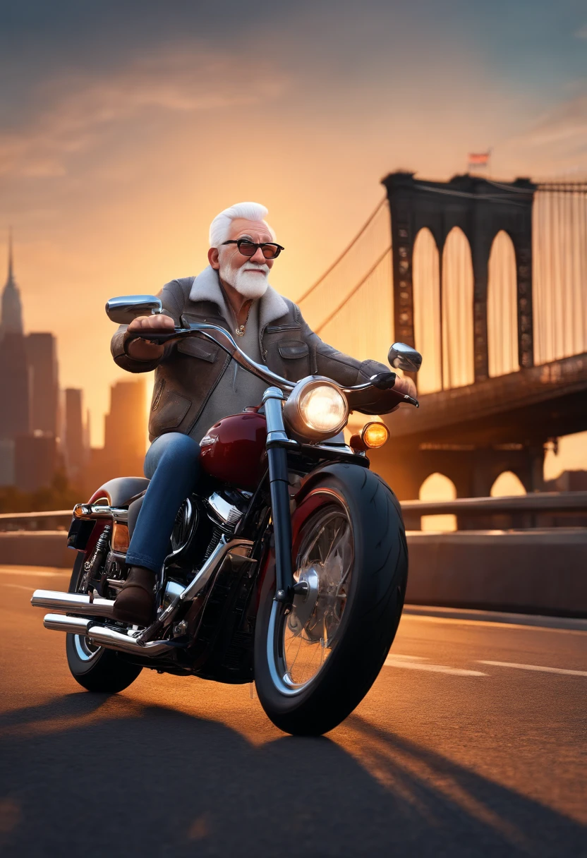 (best quality,3D rendering,highres),Pixar style Disney poster,elderly man with glasses,piloting a Harley Davidson 883,motorcycle ride,[detailed facial features],[weathered and wise appearance],colorful background,creative composition,vibrant colors,eye-catching design,enthusiastic expression,windblown white hair,leather jacket and jeans,motorcycle gear,rustic road,Brooklyn Bridge in the background,smoke and dust effects,intricate motorcycle details,authentic lighting and shadows,attention to textures and materials