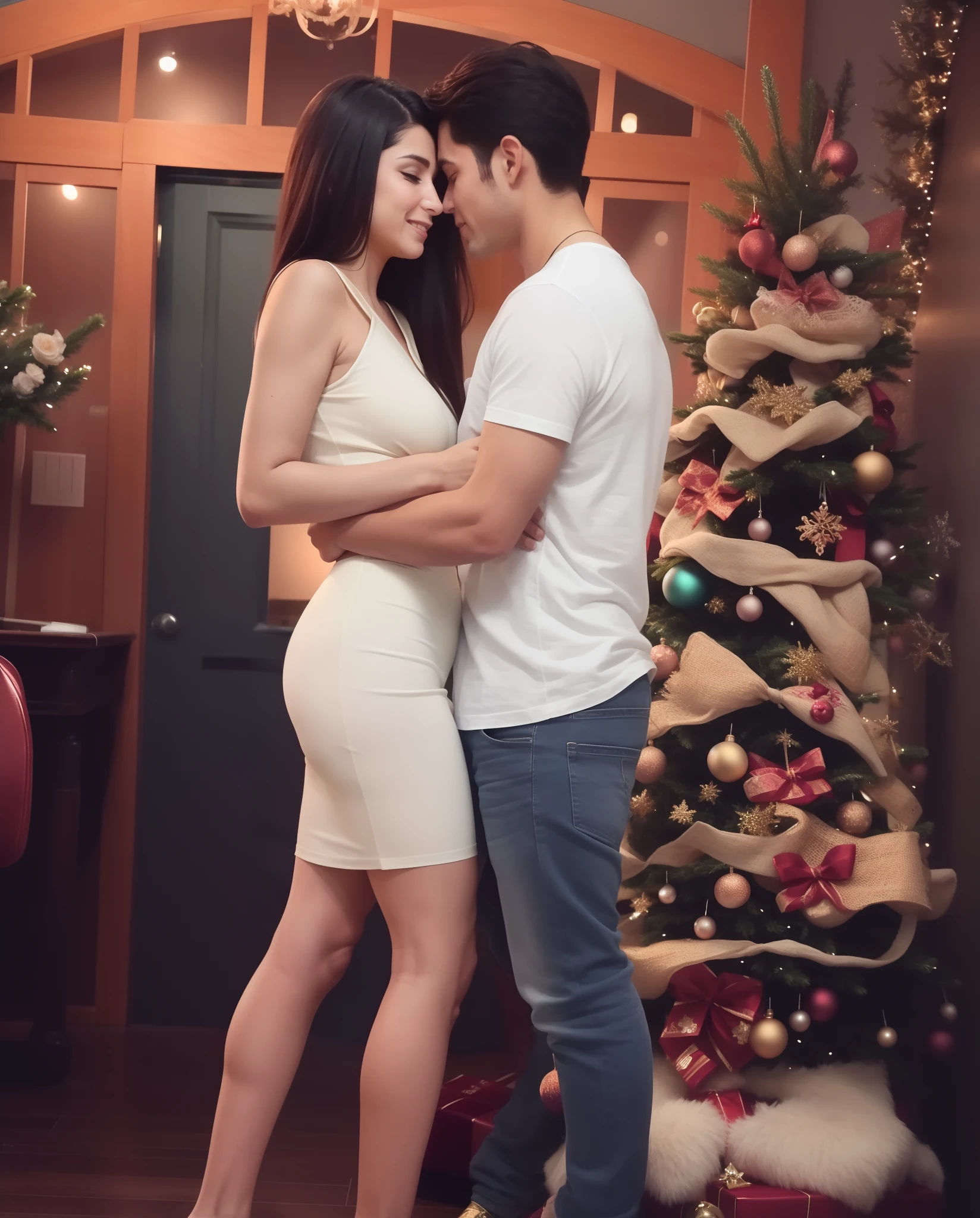 Sexy 30 years old busty woman spreading legs hugging 30 years young man, living room , doggy sexual position,full body
