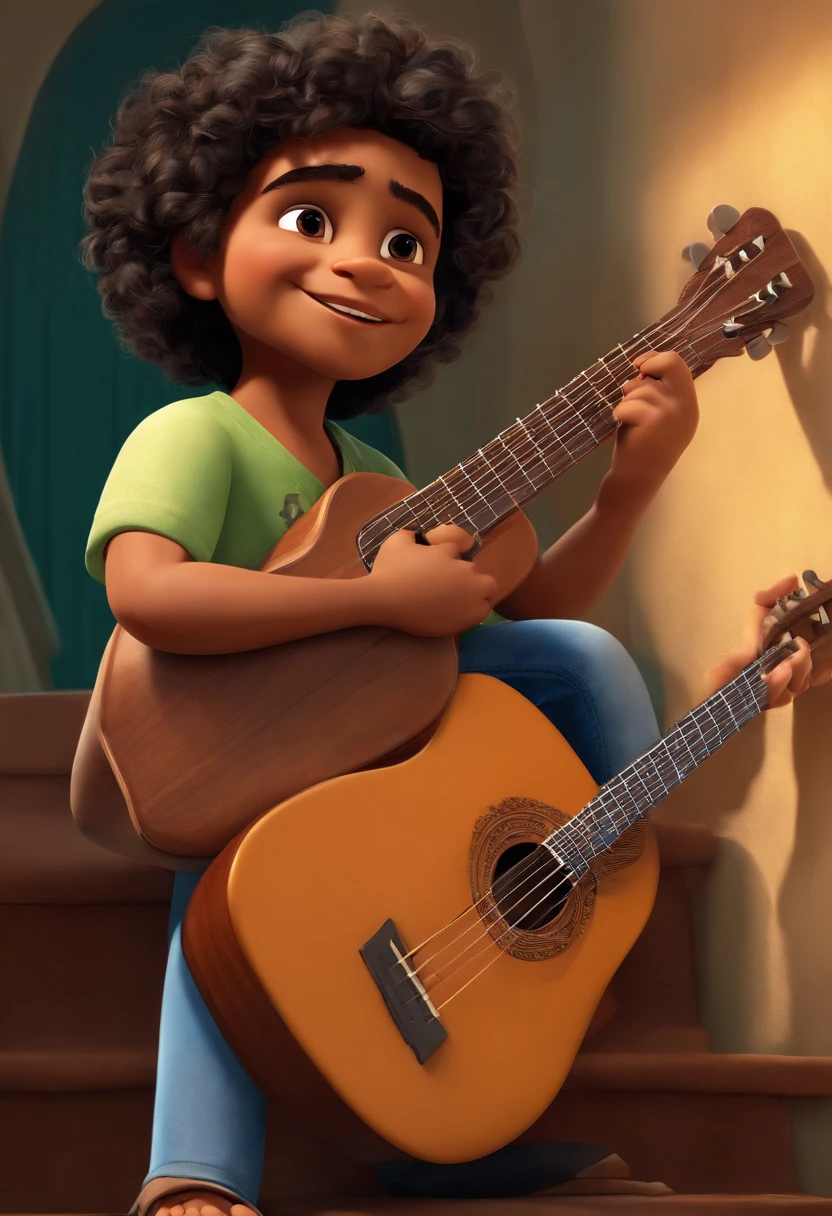crie um banner no estilo Pixar. A boy with Indian features, moreno pardo com cabelos curtos, Castanhos escuros, Curly and slightly grayish appearance, mas jovem, usando uma camiseta, Wearing jeans and holding a classical guitar with 7 strings.