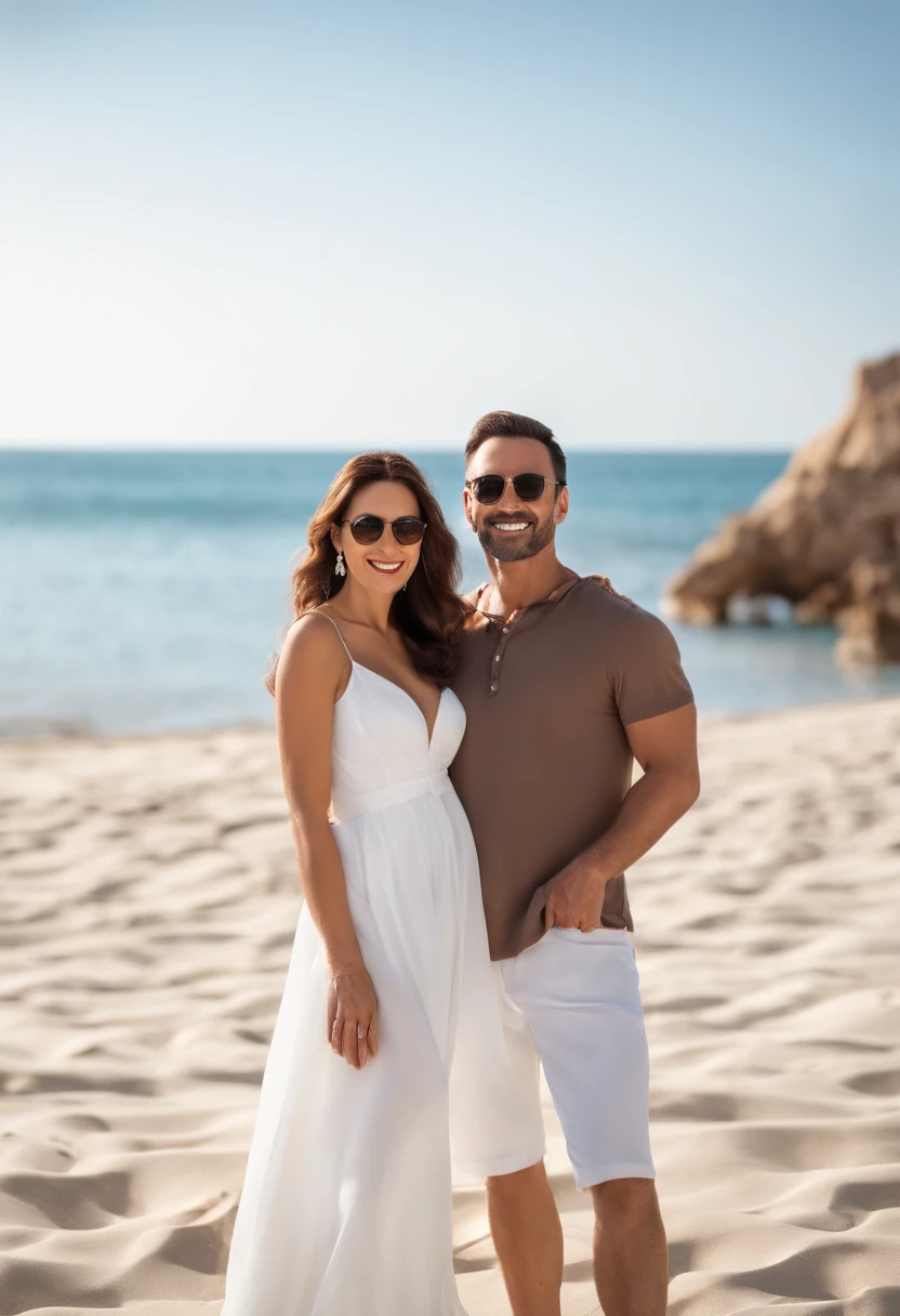 woman: Michelle approximately 34 years old, brunette, long wavy hair, smiling, dark brown eyes. man: Yan approximately 39 years old, white, red hair, wearing sunglasses, serious face, posing for the photo, with his smartphone in his hand, selfie position. scenery: clean and beautiful beach behind them, soft and clear sand(style Pixar)