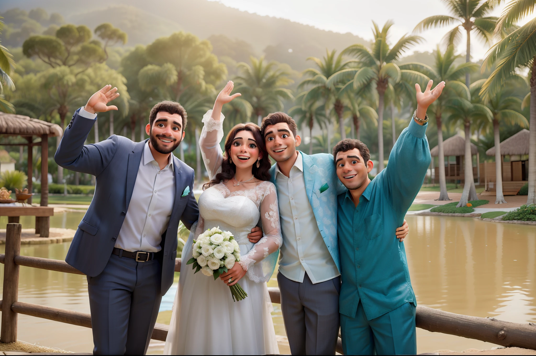 Quatro amigos em um casamento, com lago e palmeiras no fundo.