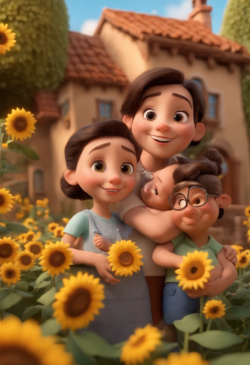 Create a Disney PIXAR-style 3D poster. ((centro da imagem, Triplets)), ((3 )) ((1 menino no meio e 2 meninas ao lado, They're hugging each other, O menino tem pele castanha e cabelos castanhos escuros e olhos castanhos escuros, 1 menina tem pele clara, olhos e cabelos escuros e cacheados, e a outra menina tem pele morena, olhos escuros e cabelos escuros e lisos)) ((tudo isso no estilo Disney PIXAR 3D, In the background, A house of sunflowers, Gloria Studio, The garden is full of nature 3D render RTX clay material, estilo de design cartunesco, POP Mart, soft lighting, linhas suaves, Spring tilt, Detailed illustrations of PIXAR 3D, Detalhes hiper-realistas, cor quente no estilo Disney PIXAR 3D))