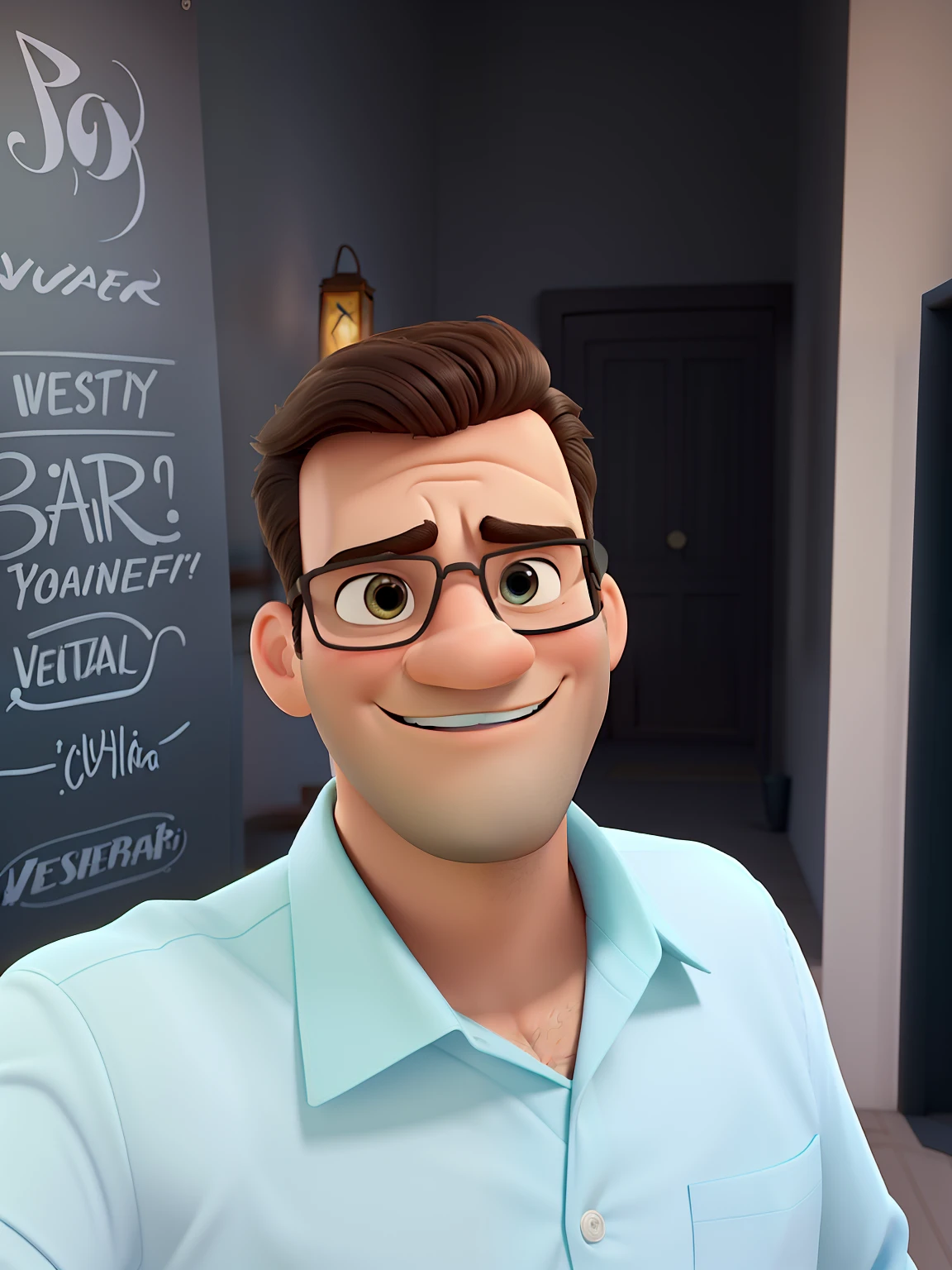 Poster no estilo Disney pixar, alta qualidade, melhor qualidade, homem sexy branco, 30 anos cabelo grisalho barba preta, musculoso, com fundo em um restaurante a luz de velas