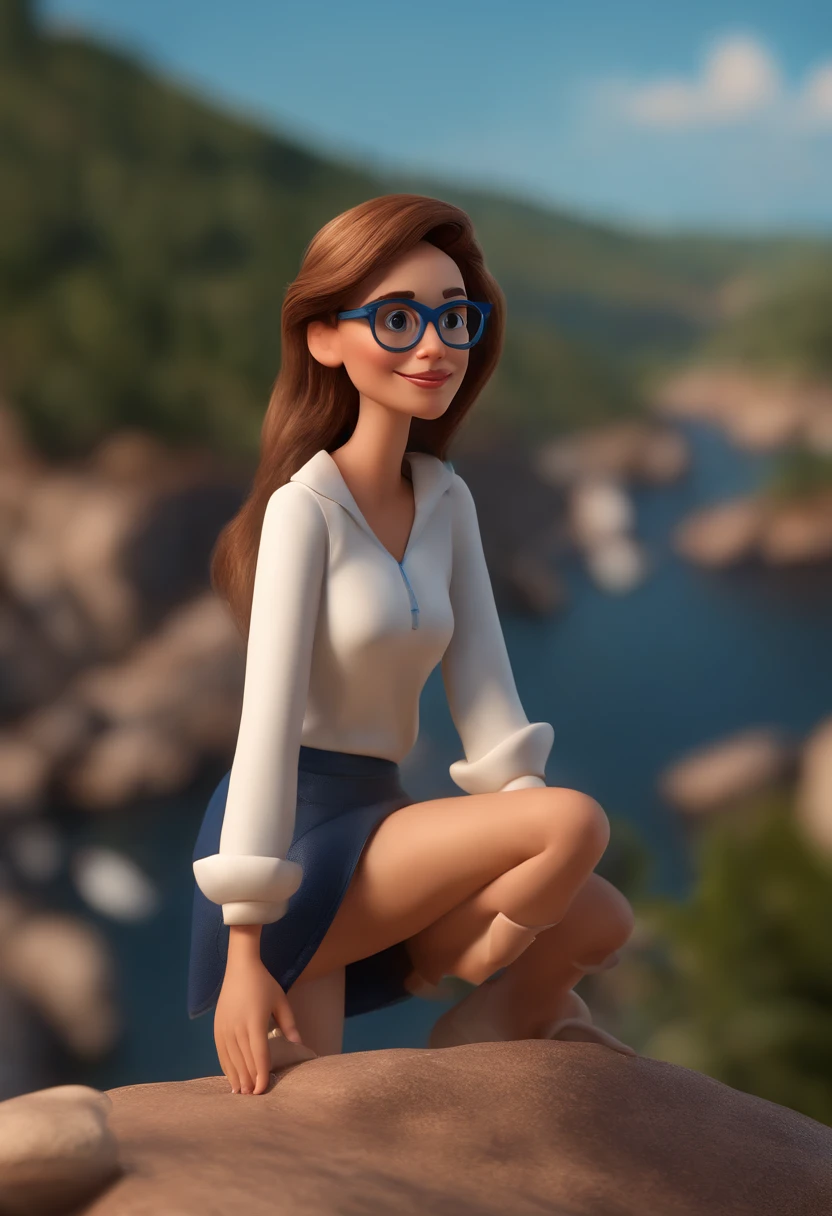 Cartoon character of a lady with blue glasses and a white shirt, standing on a cliff, animation character, Caractere estilizado, animation style rendering, 3D estilizado, Arnold Maya render, 3 d render stylized, toon render keyshot, Personagem 3D, Personagem 3D, 3d rendering stylized, 3 d character render, personagem de desenho animado, Personagem de close up, Pose de personagem,  (Estilo Pixar) (master part:1.2) (Bokeh) (best quality) (pele detalhada) (textura detalhada) (8k) (argila) (Cinematic lighting) (foco nítido