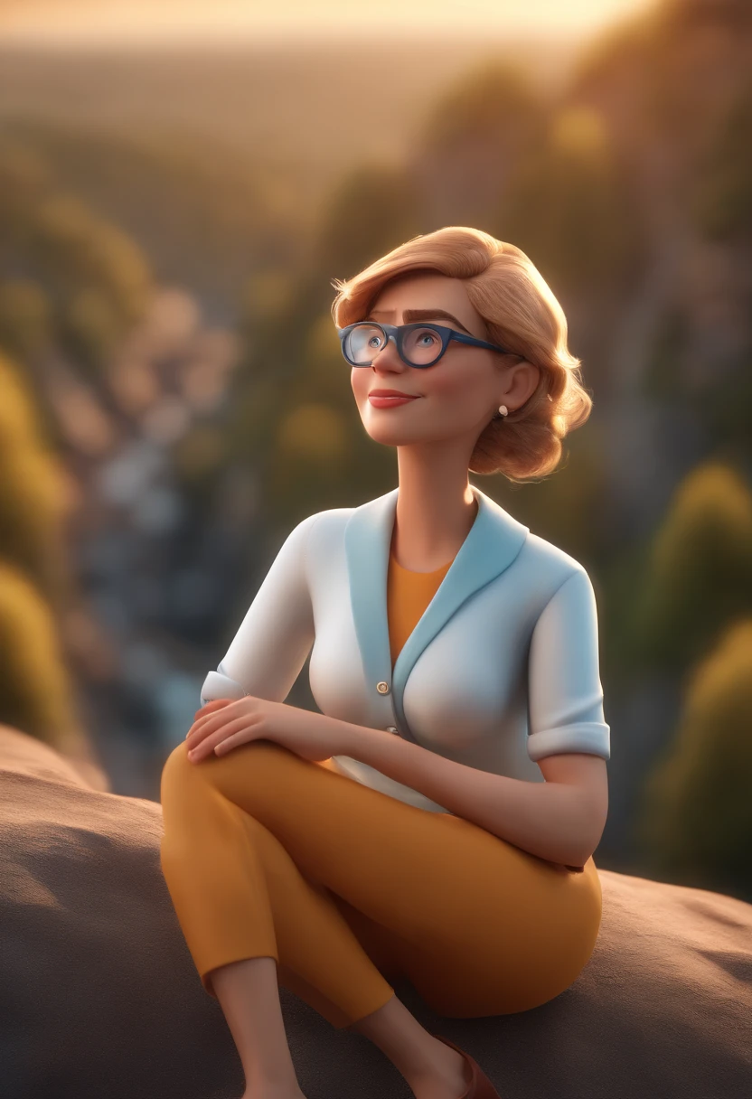 Cartoon character of a lady with blue glasses and a white shirt, standing on a cliff, animation character, Caractere estilizado, animation style rendering, 3D estilizado, Arnold Maya render, 3 d render stylized, toon render keyshot, Personagem 3D, Personagem 3D, 3d rendering stylized, 3 d character render, personagem de desenho animado, Personagem de close up, Pose de personagem,  (Estilo Pixar) (master part:1.2) (Bokeh) (best quality) (pele detalhada) (textura detalhada) (8k) (argila) (Cinematic lighting) (foco nítido