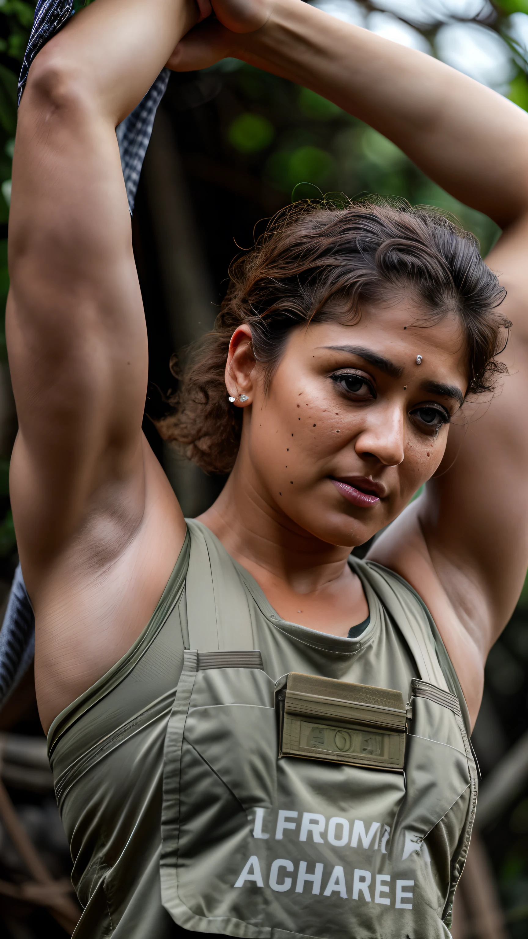 Looks like Nayanthara, Woman doing exercise, Highest quality, (dramatic lighting:0.7), masterpiece, high angle shot, RAW photo of (pale 45 year old military Special Force woman with short hair, mascular woman with heavy physique, looking up at the viewer), cute, Extremely sweat, (wearing sleeveless
square neck vest, thin cotton ), doing pulls up on horizontal bar in a military camp in jungle, portrait, perfect face, alluring eyes, vivid detail, (highly detailed skin), freckles, sfw, (blue tint:0.6), (dirty:0.8), (bloody:0.7), key lighting, (backlighting:0.5), medium depth of field, photographed on a Canon 5D, 50mm lens, F/4 aperture, (hyperdetailed, intricate details), sharp focus, muted colors, 8k, absurdres, 8mm film grain, war photography