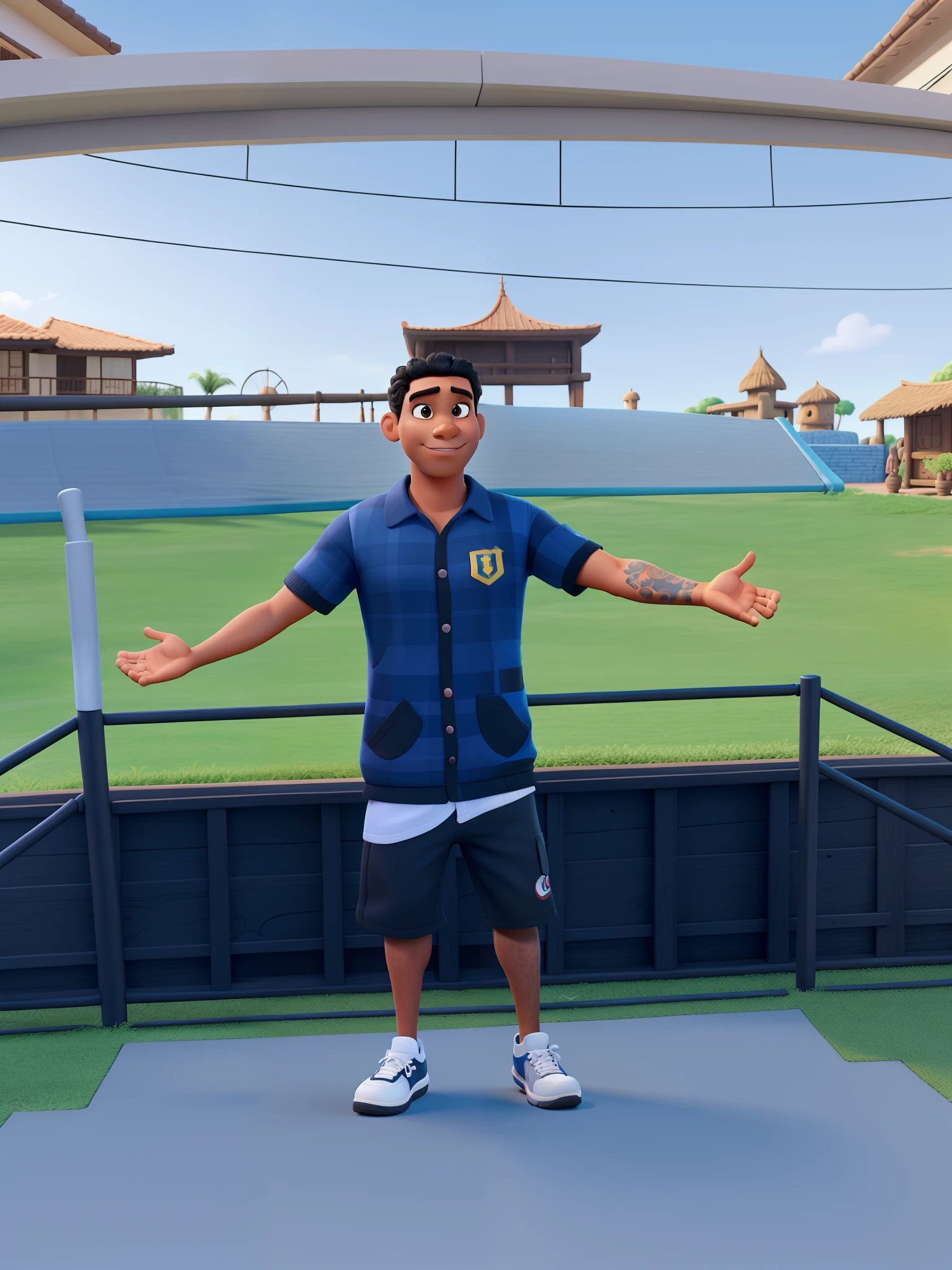 Um homem negro, com roupas brancas e pretas, estilo disney pixar, alta qualidade, melhor qualidade